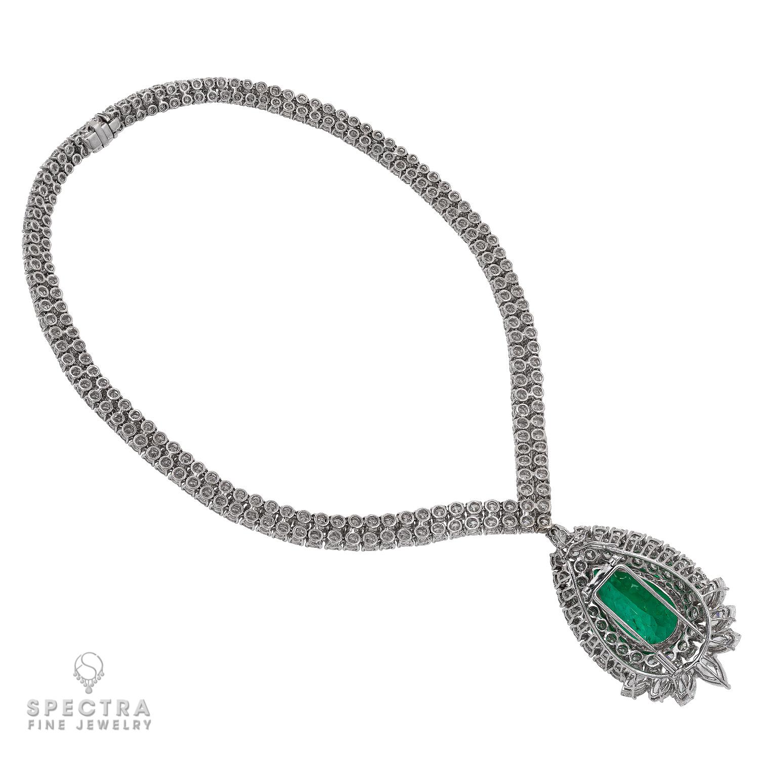 Pear Cut AGL Certified 47.76 Carat Colombian Emerald Diamond Pendant Necklace For Sale