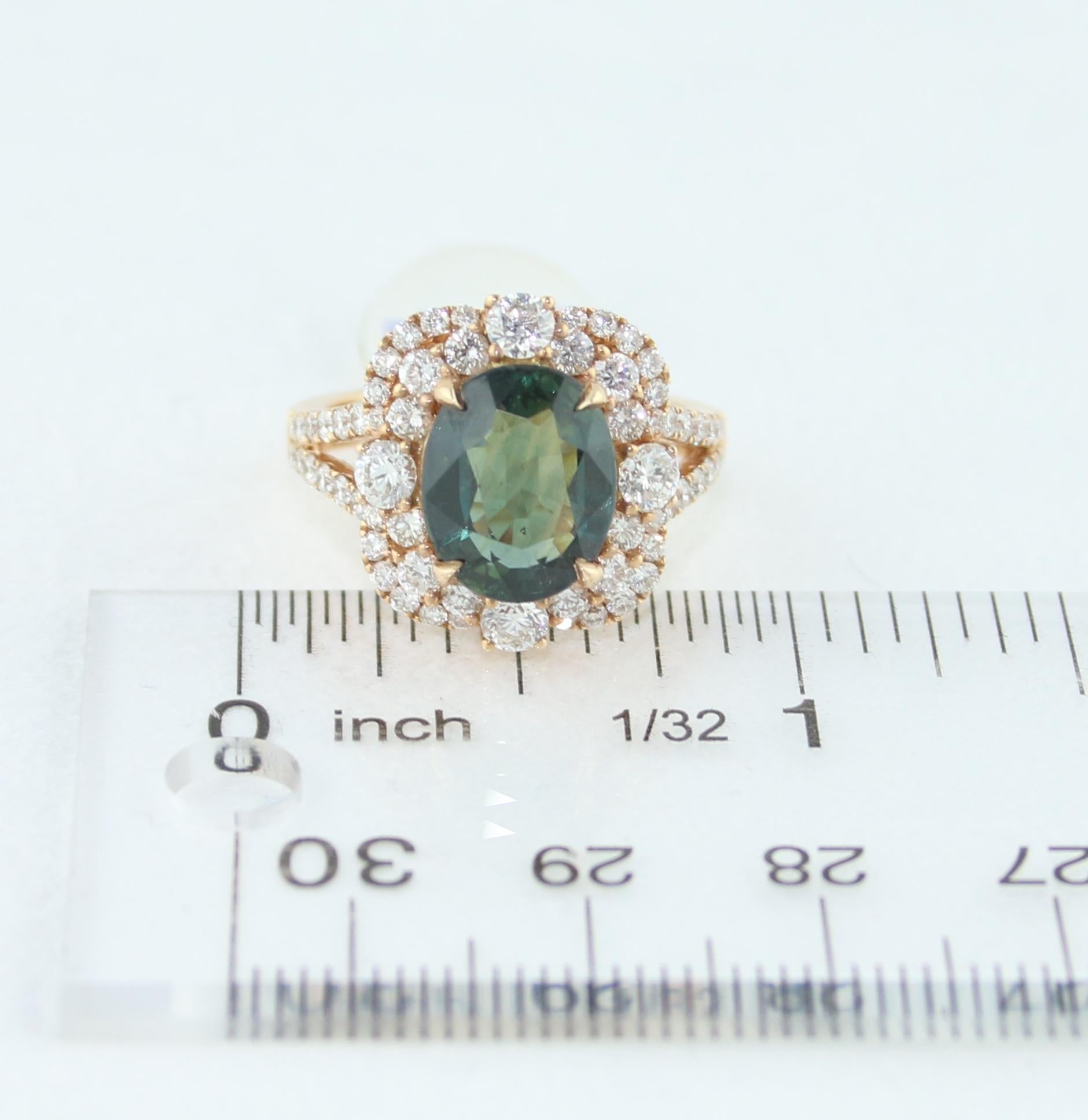 AGL Certified 4.88 Carat No Heat Brownish Green-Blue Sapphire Diamond Gold Ring For Sale 5