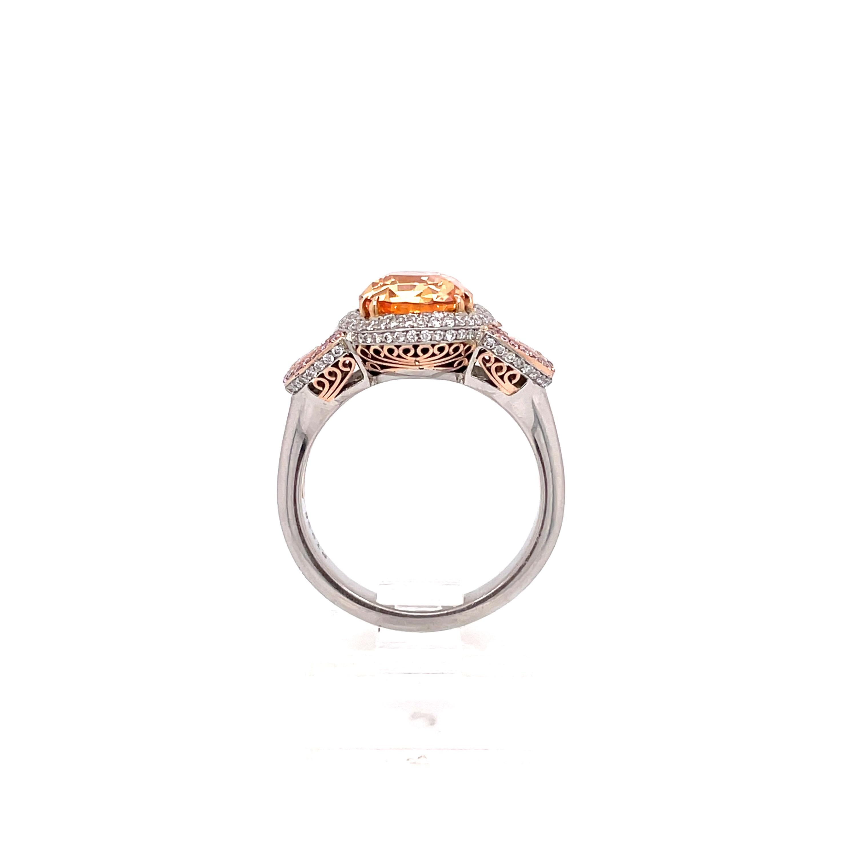 AGL zertifiziert 5,08ct Padparadscha Saphir Platin 18K Drei Stein Ring im Angebot 1