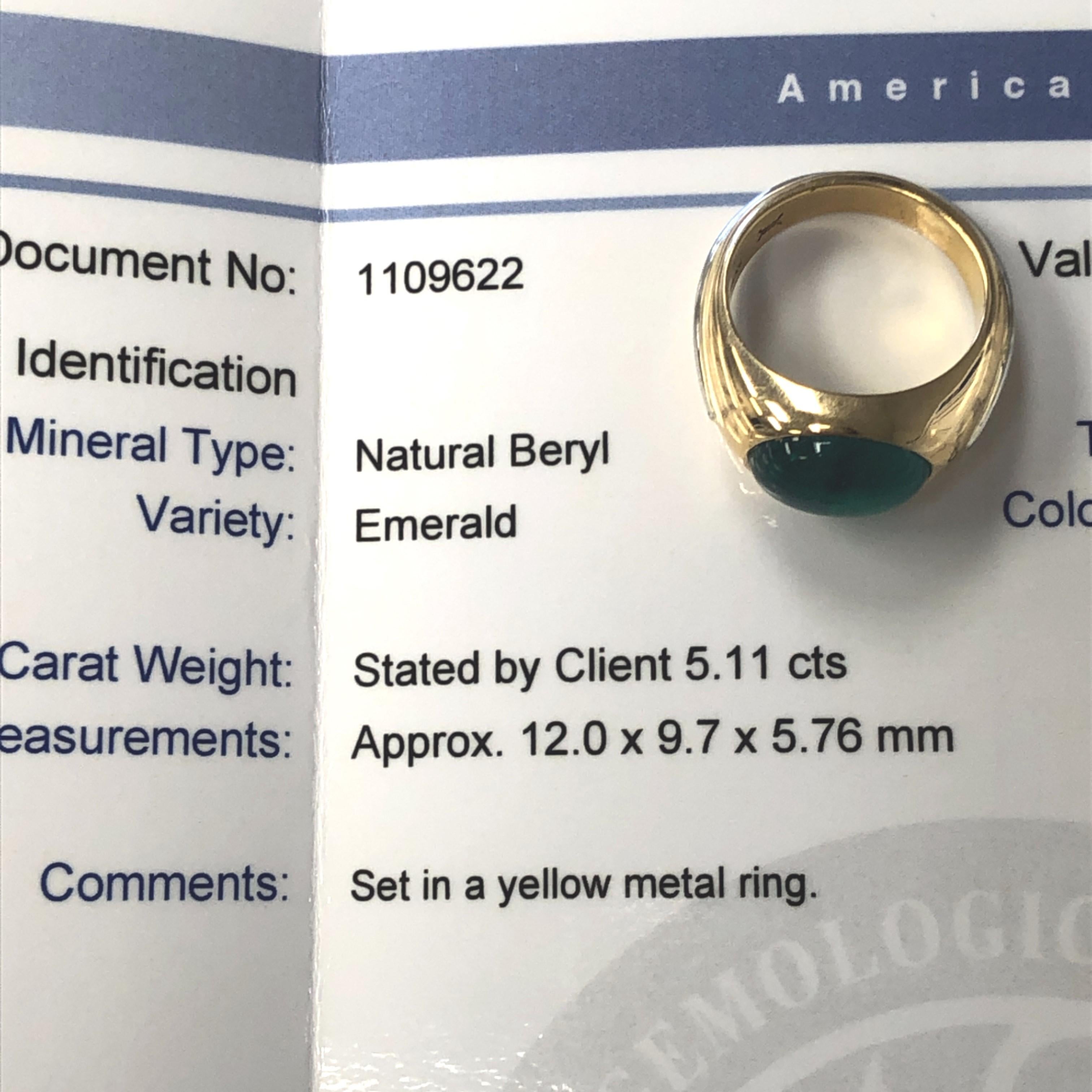 Women's or Men's AGL Certified 5.11 Carat Colombian Emerald Ring in 18 Karat Gold and Platinum