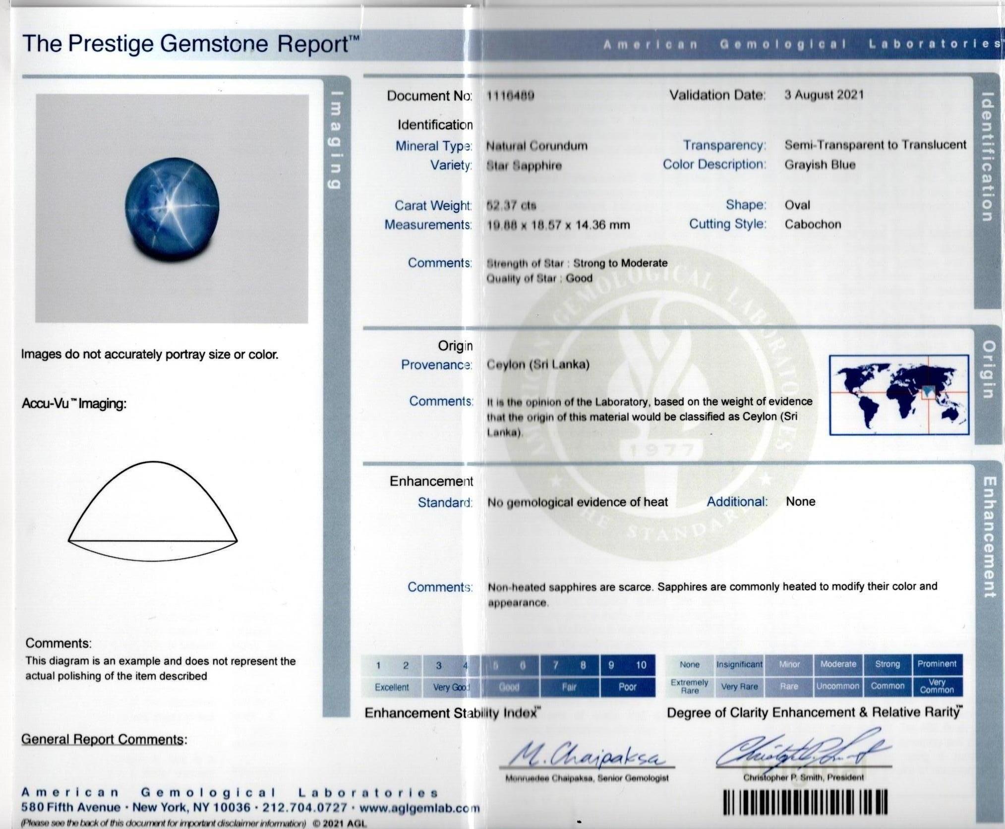 Ring, AGL-zertifizierter 52 Karat natürlicher Ceylon-Sternsaphir & Diamant im Angebot 2