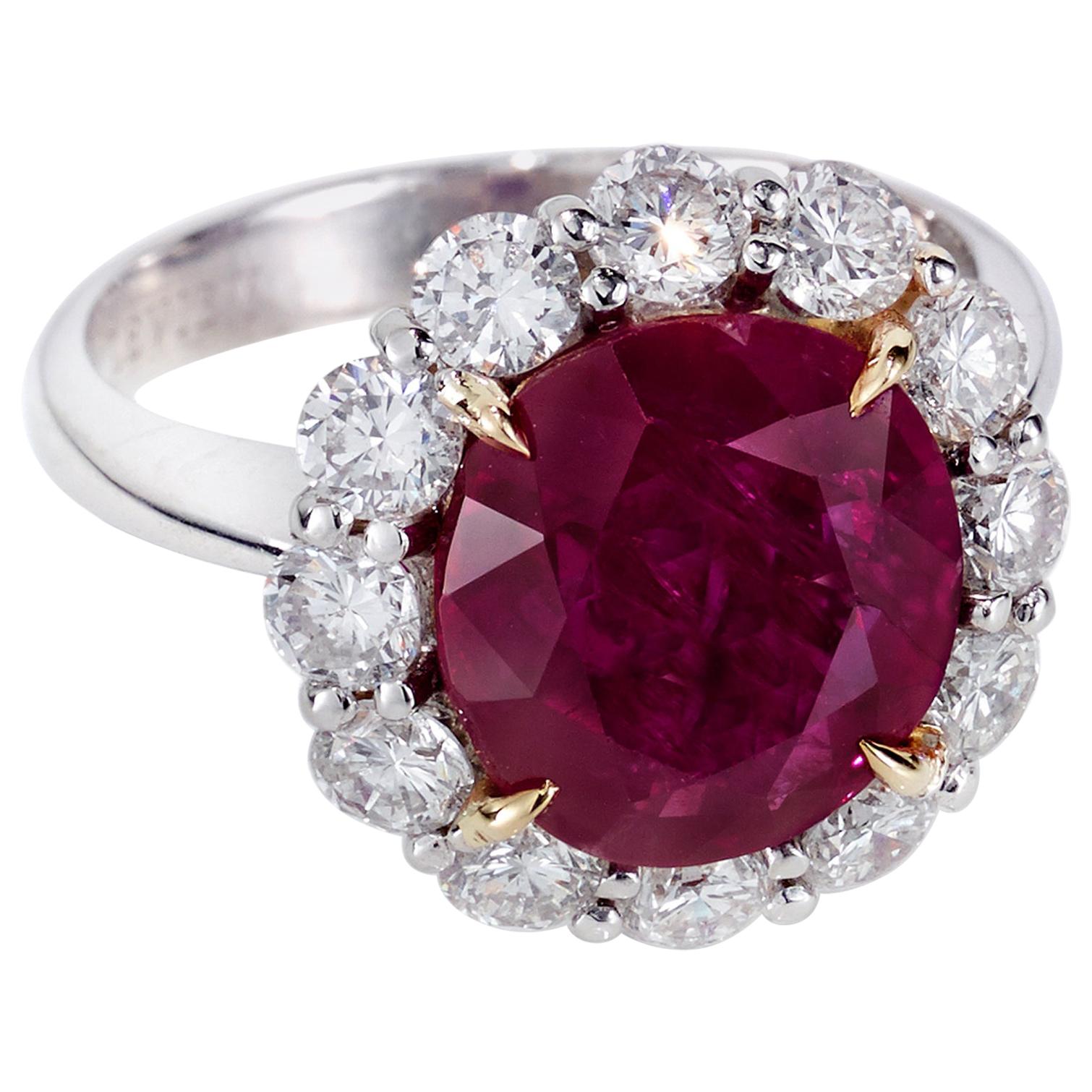 AGL Certified 5.25 Oval Burma Ruby and Round Diamond Ring For Sale