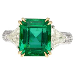 AGL Certified 5.31 Carat No Oil Emerald & Trillion Diamond 3 Stone Ring