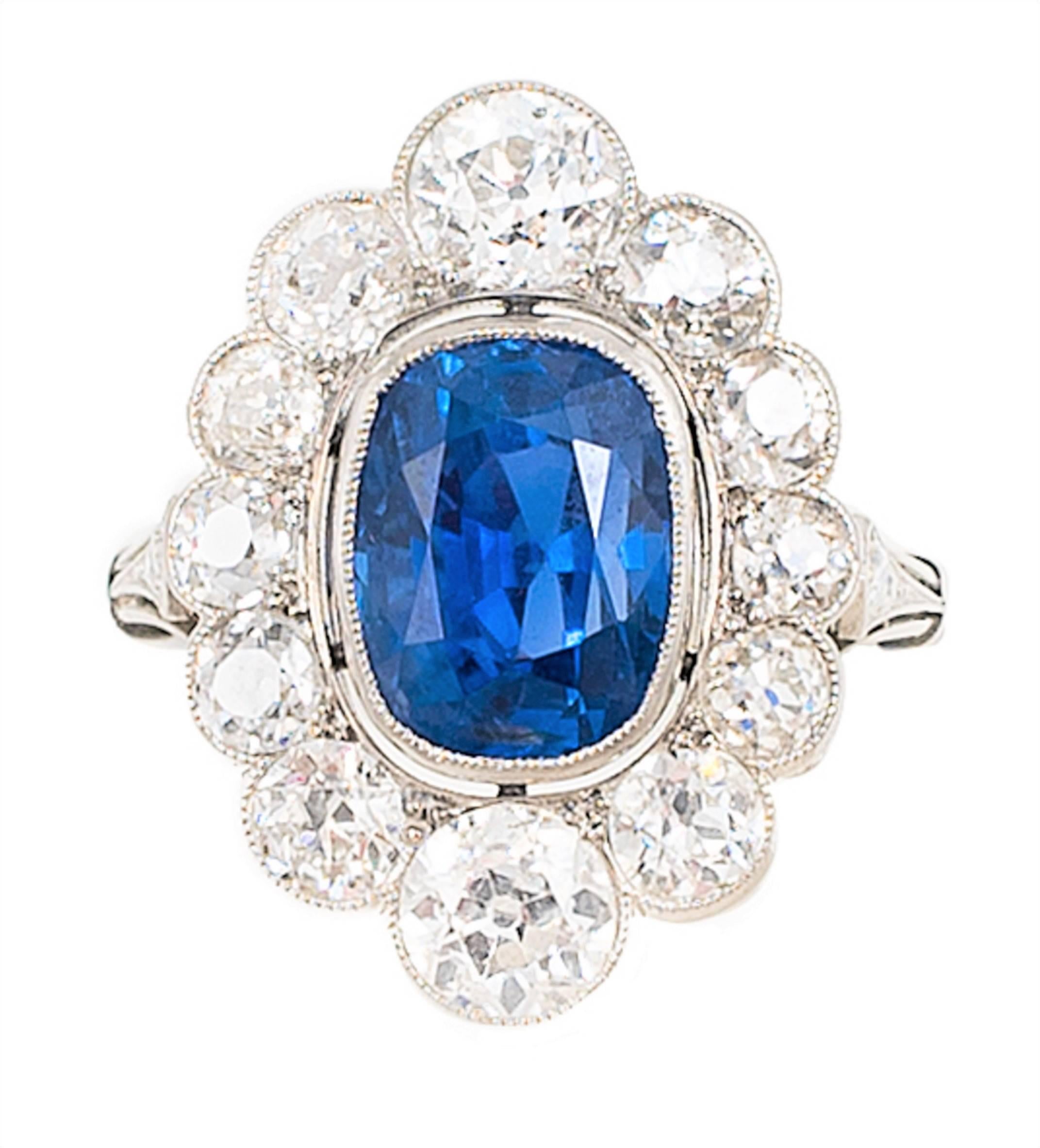 AGL Certified 5.32 Ct. UNTREATED Burma Sapphire Diamond Platinum Edwardian Ring In Excellent Condition For Sale In Calabasas, CA
