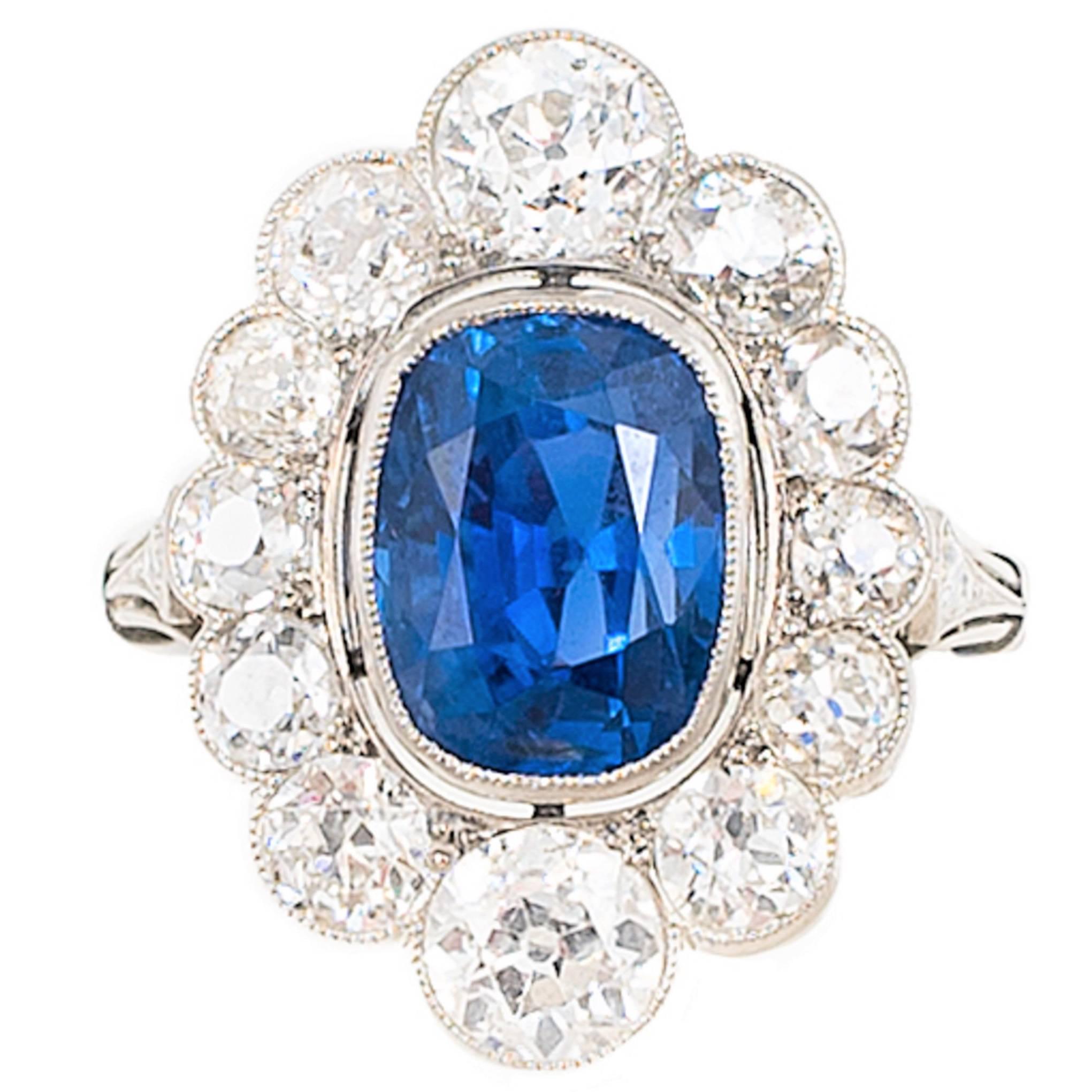 AGL Certified 5.32 Ct. UNTREATED Burma Sapphire Diamond Platinum Edwardian Ring For Sale