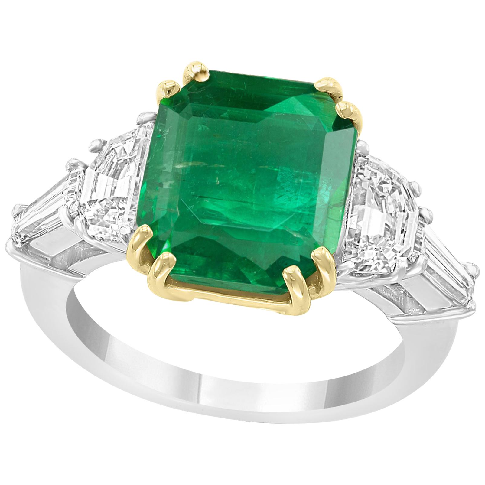 AGL Certified Minor 5.29 Ct Emerald Cut Colombian Emerald Diamond Platinum Ring