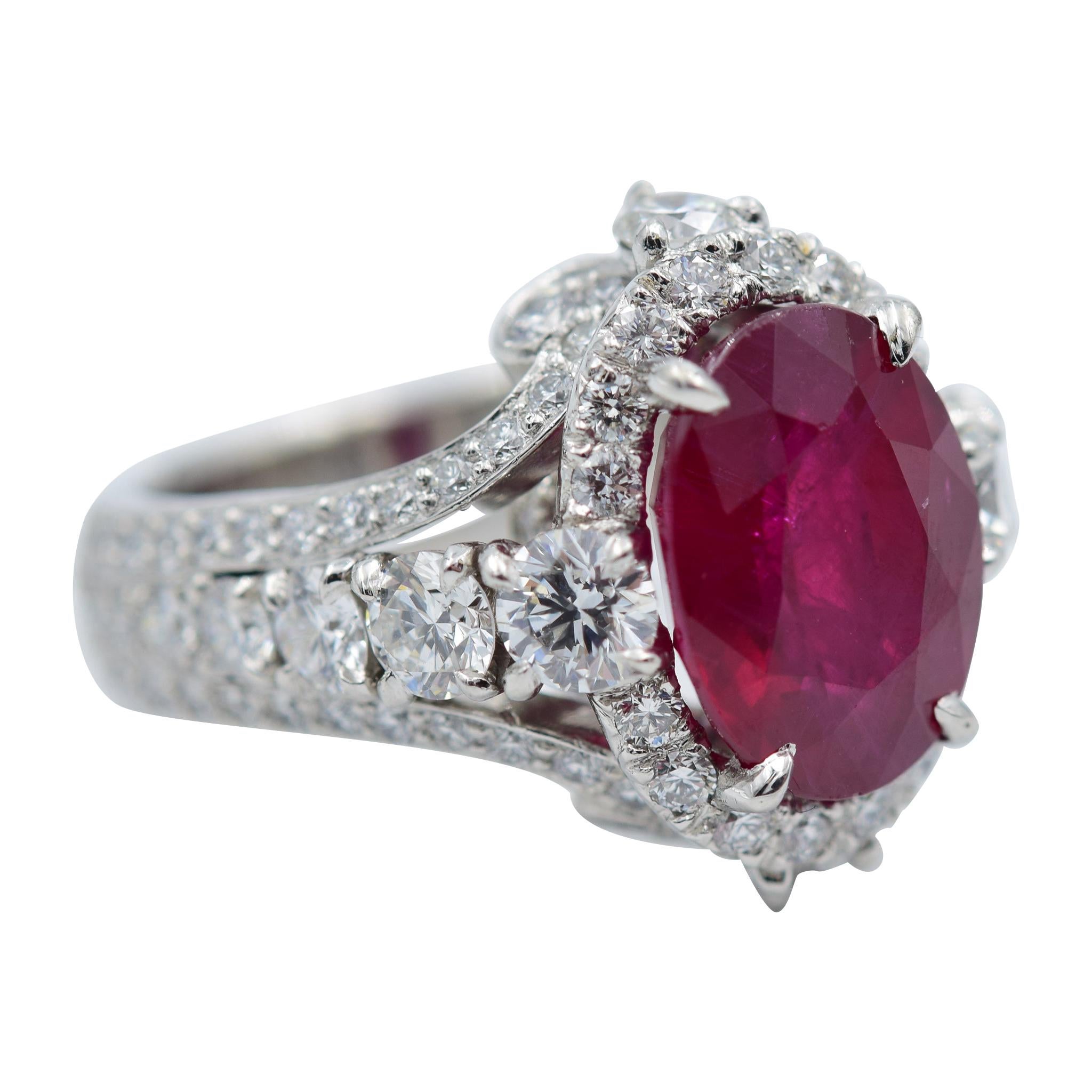 AGL Certified 5.51 Carat Burma Ruby Oval Cut in Platinum 2.04 Carat Ring