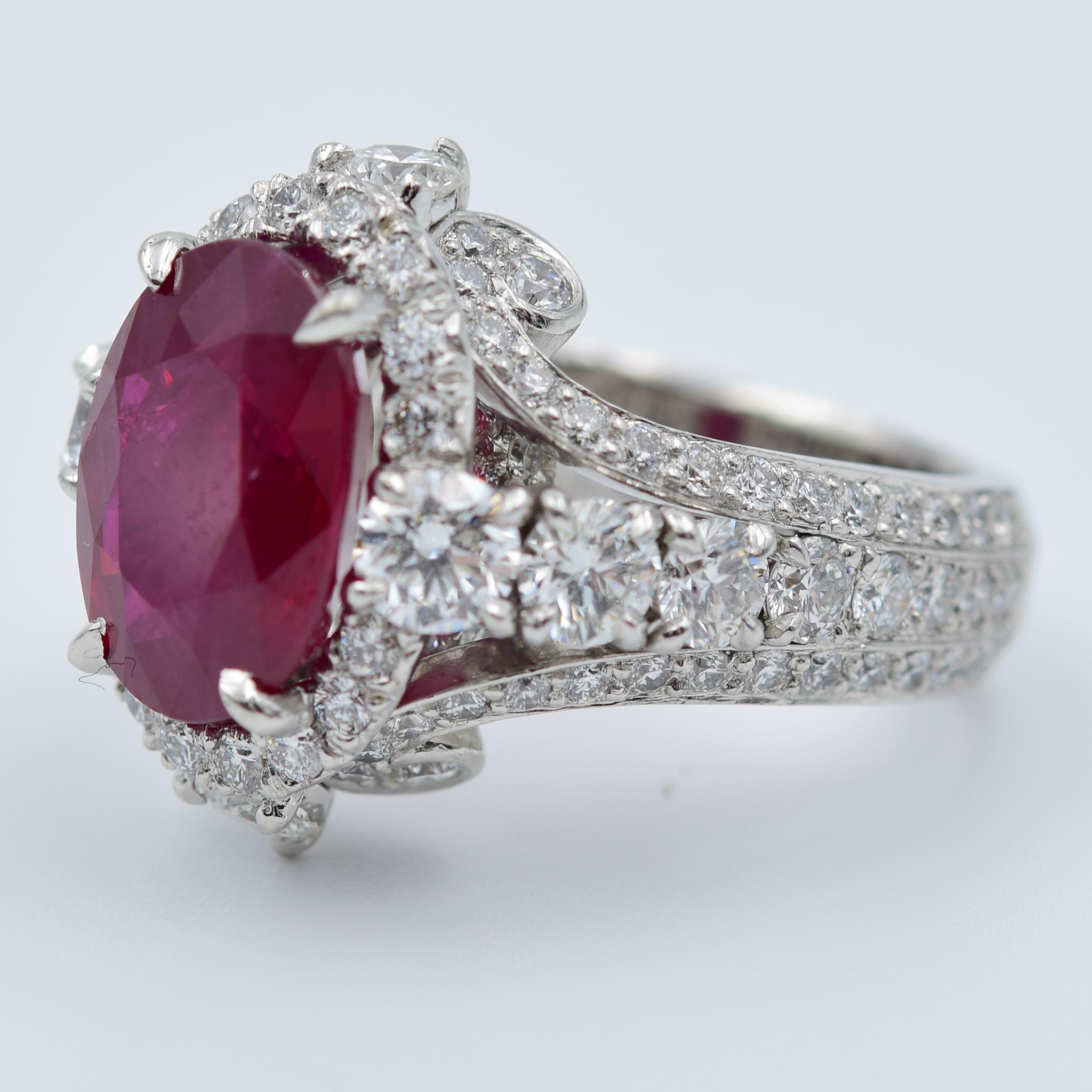 AGL Certified 5.51 Carat Burma Ruby Oval Cut in Platinum 2.04 Carat Ring In Excellent Condition In Carmel, IN