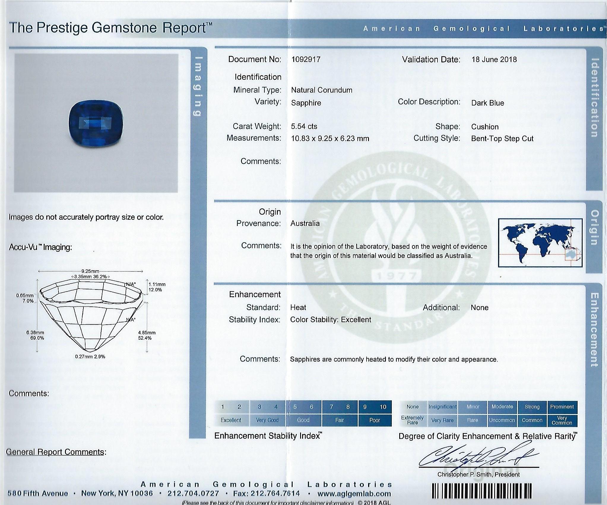 AGL Certified 5.54 Carat Cushion Blue Sapphire Diamond Platinum Gold Ring For Sale 2