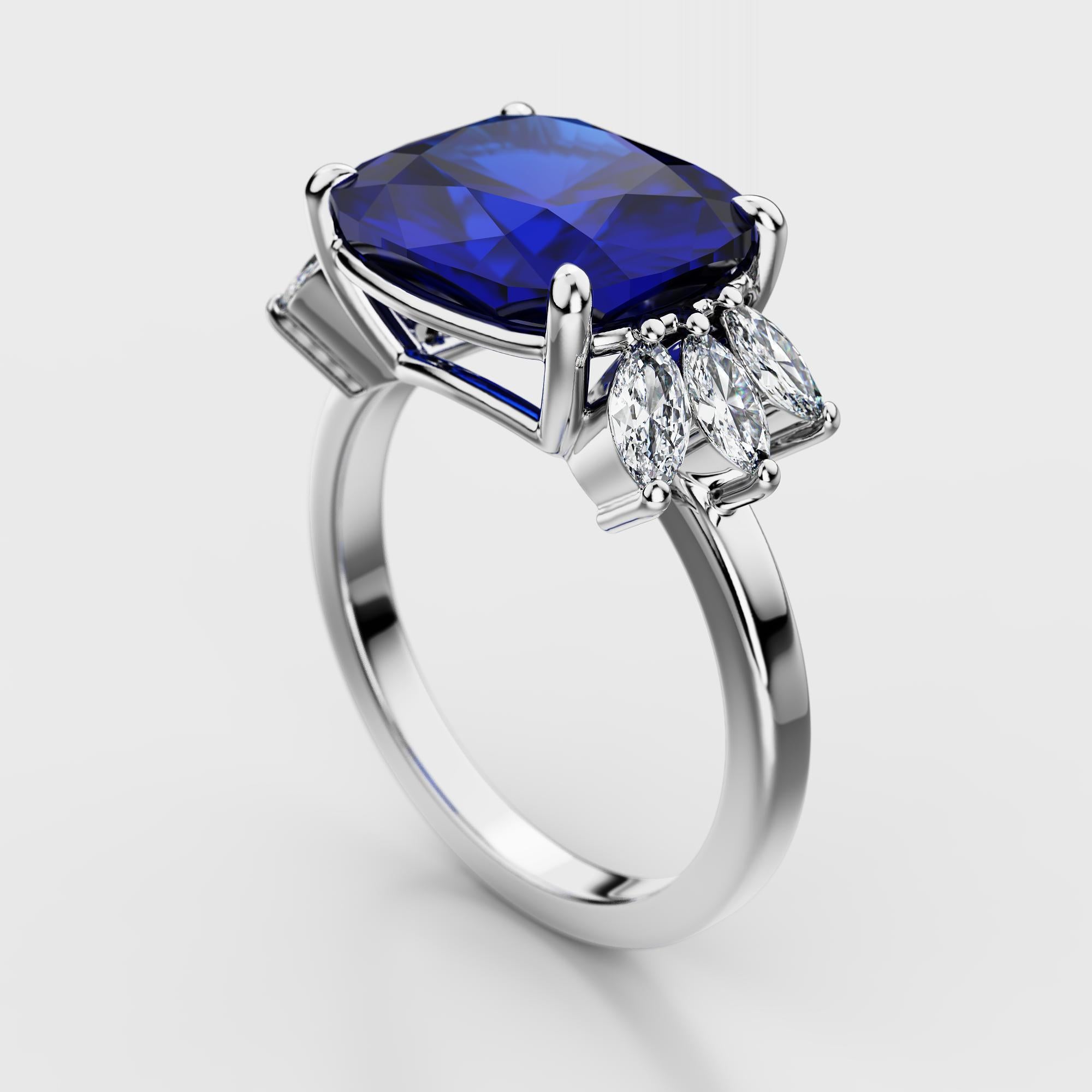 Bague saphir bleu coussin et diamant de 5,75 carats certifiés AGL de Birmanie sans chaleur en vente 2