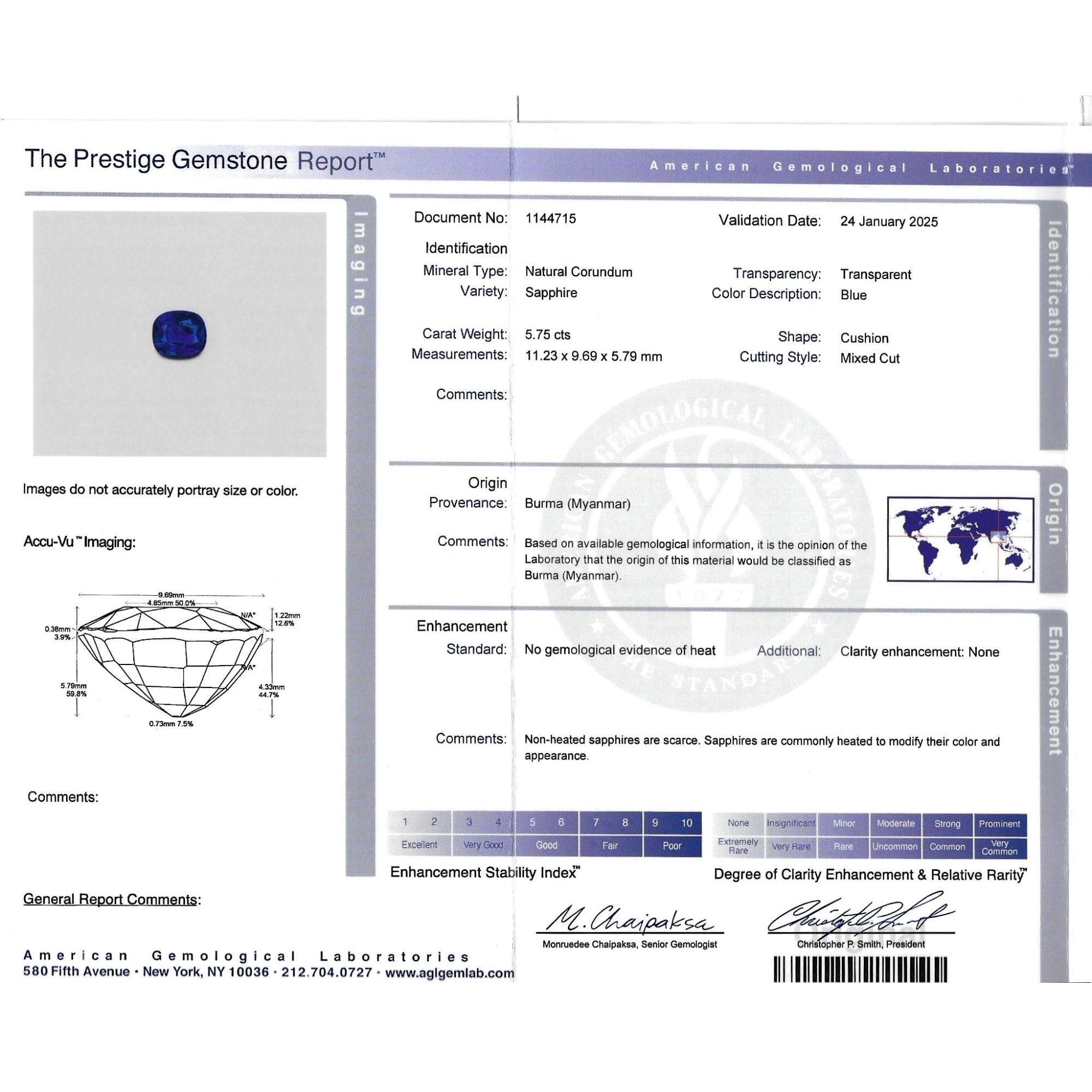 AGL Certified 5.75 Carat Burma No Heat Cushion Cut Blue Sapphire Loose Stone For Sale 5