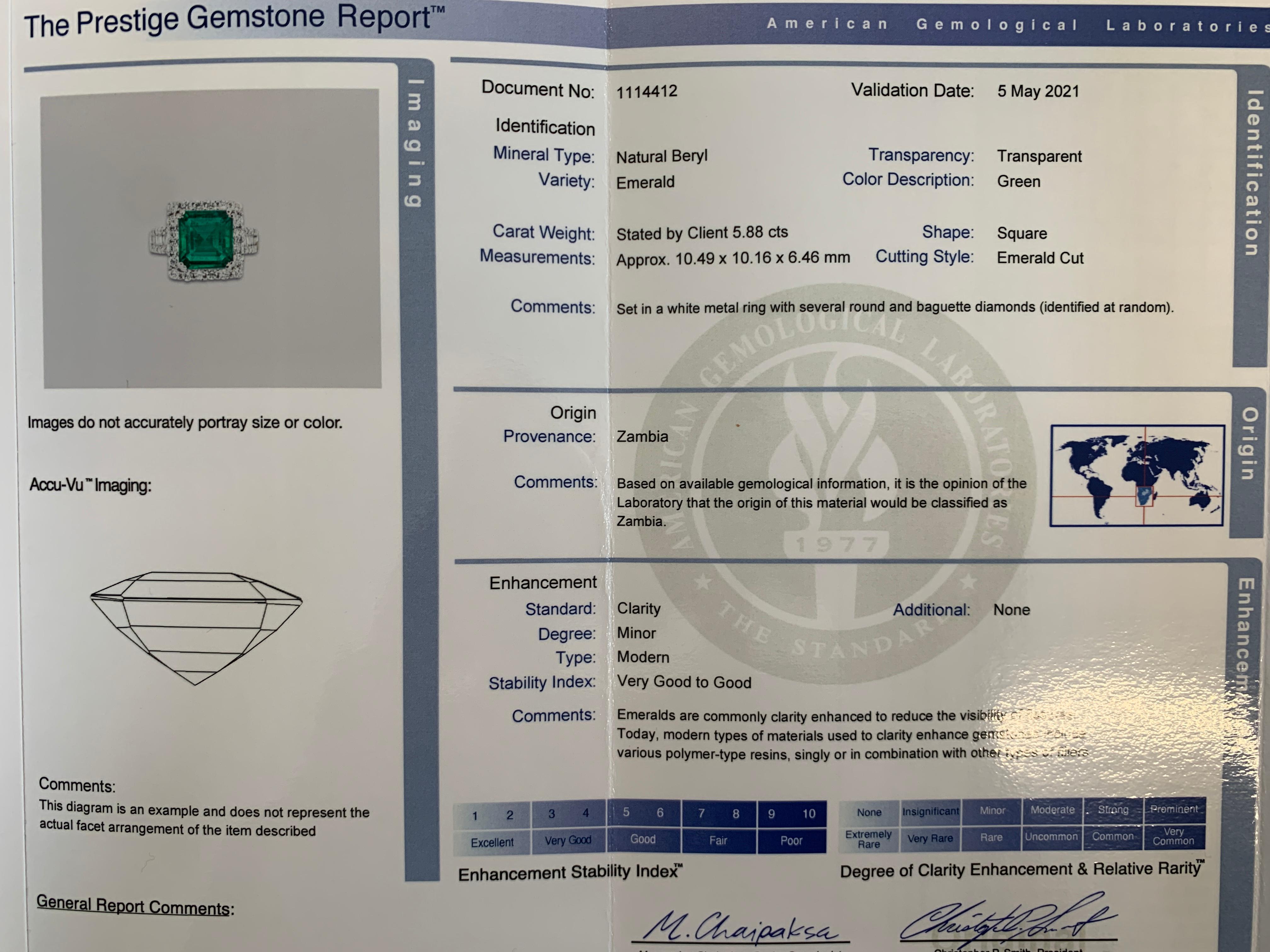 AGL Certified 5.88 Carat Emerald Cut Emerald & Diamond Ring in 18K White Gold 2