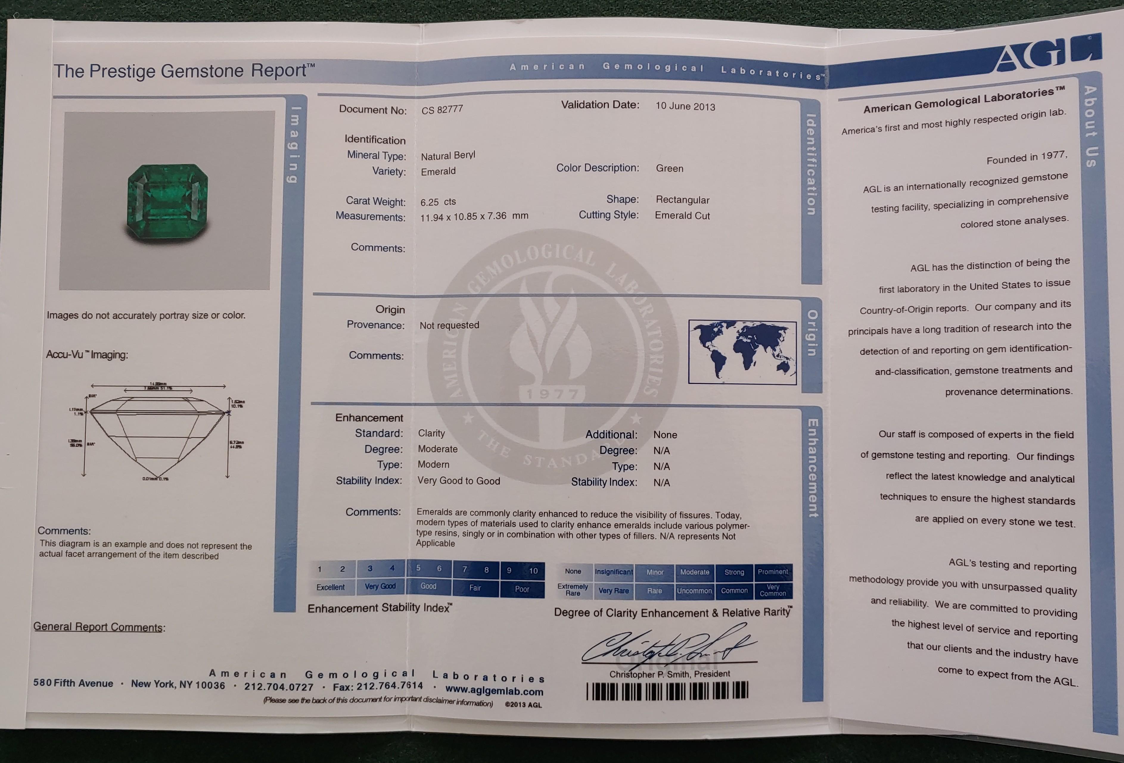 AGL Certified 6.25 Carat COLOMBIAN Minor Oil Emerald Diamond Platinum Ring In New Condition For Sale In Chicago, IL