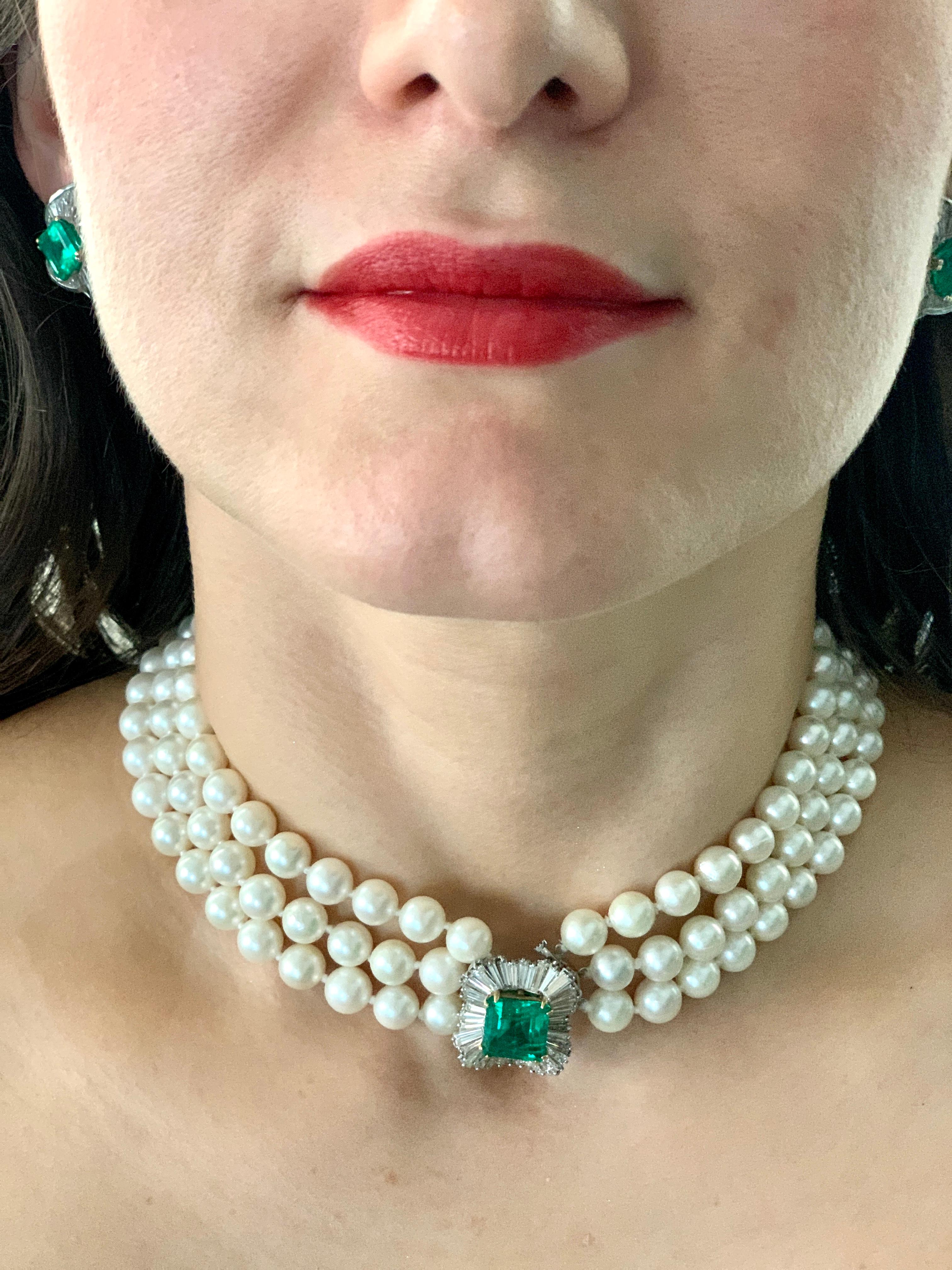 Emerald Cut AGL Certified 6.5 Ct Colombian Minor Emerald  Diamond Pearl Choker/Necklace 18KG