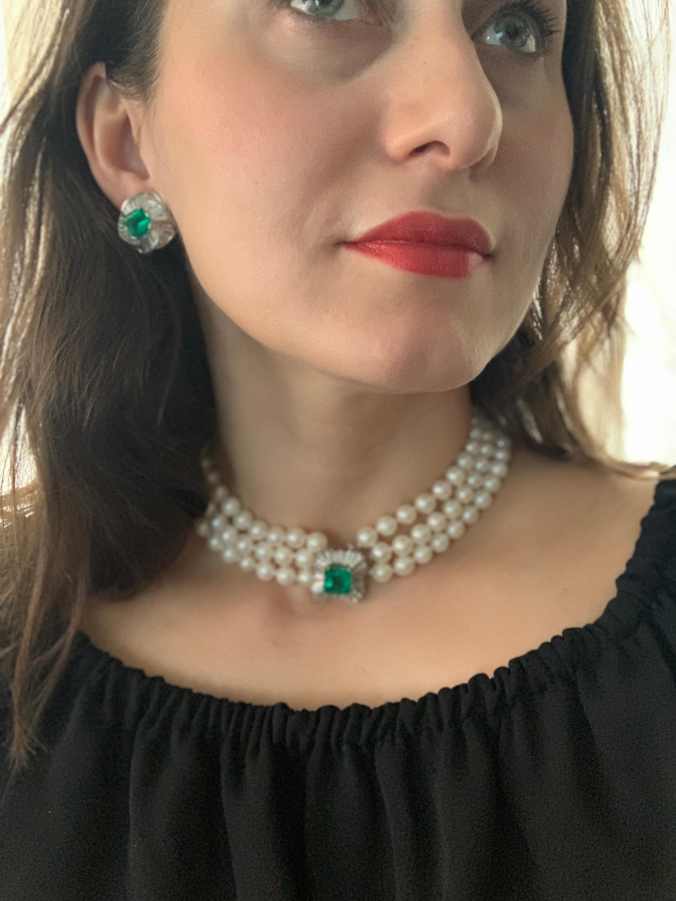 AGL Certified 6.5 Ct Colombian Minor Emerald  Diamond Pearl Choker/Necklace 18KG 5
