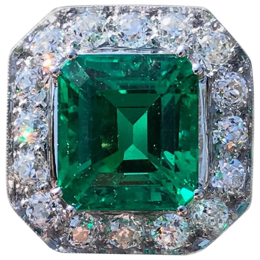 AGL Certified 6.52 Carat Columbian Emerald and Diamond Ring, circa 1920s 