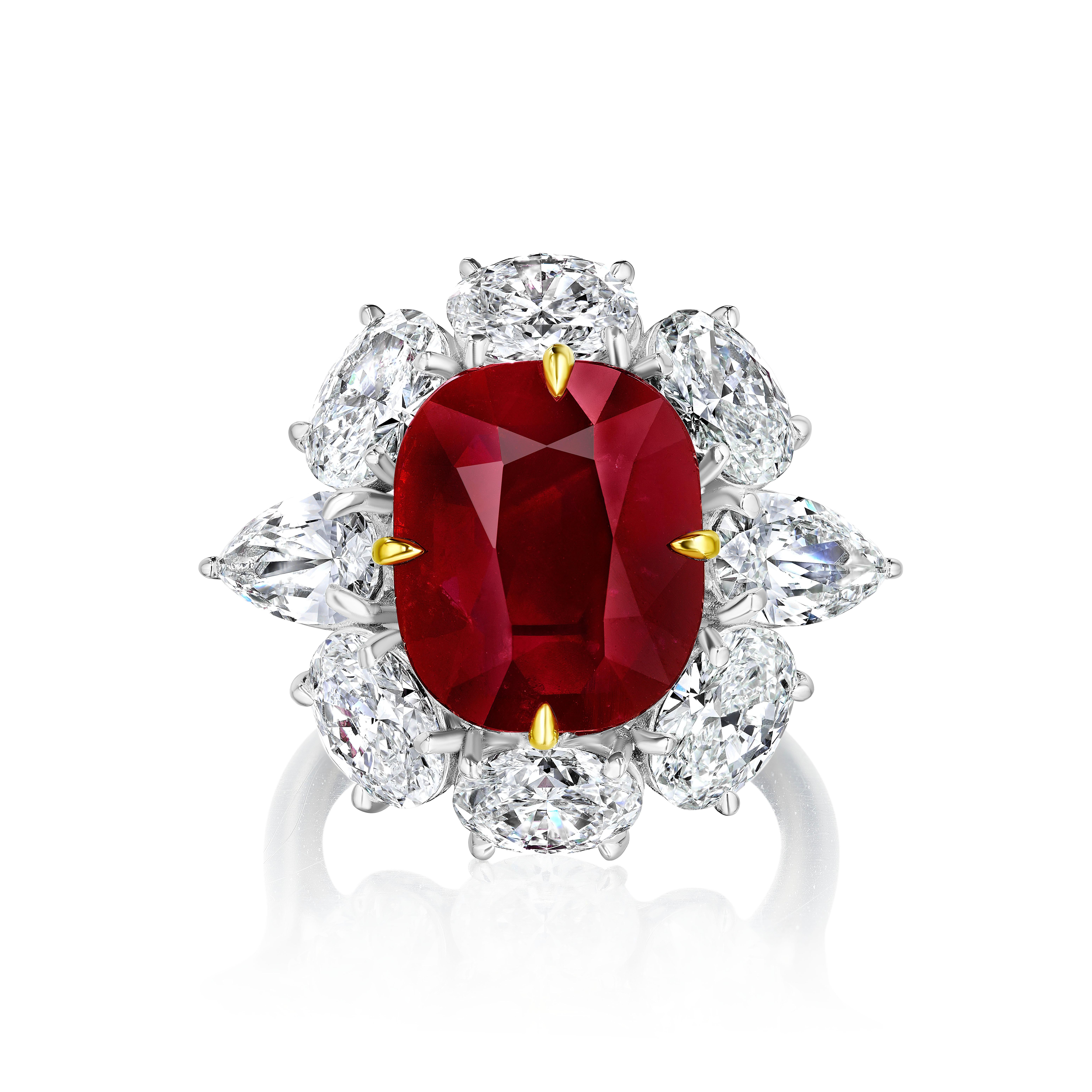 Cushion Cut AGL Certified 6.55 Carat Unheated Burma Ruby and Diamond Ring For Sale