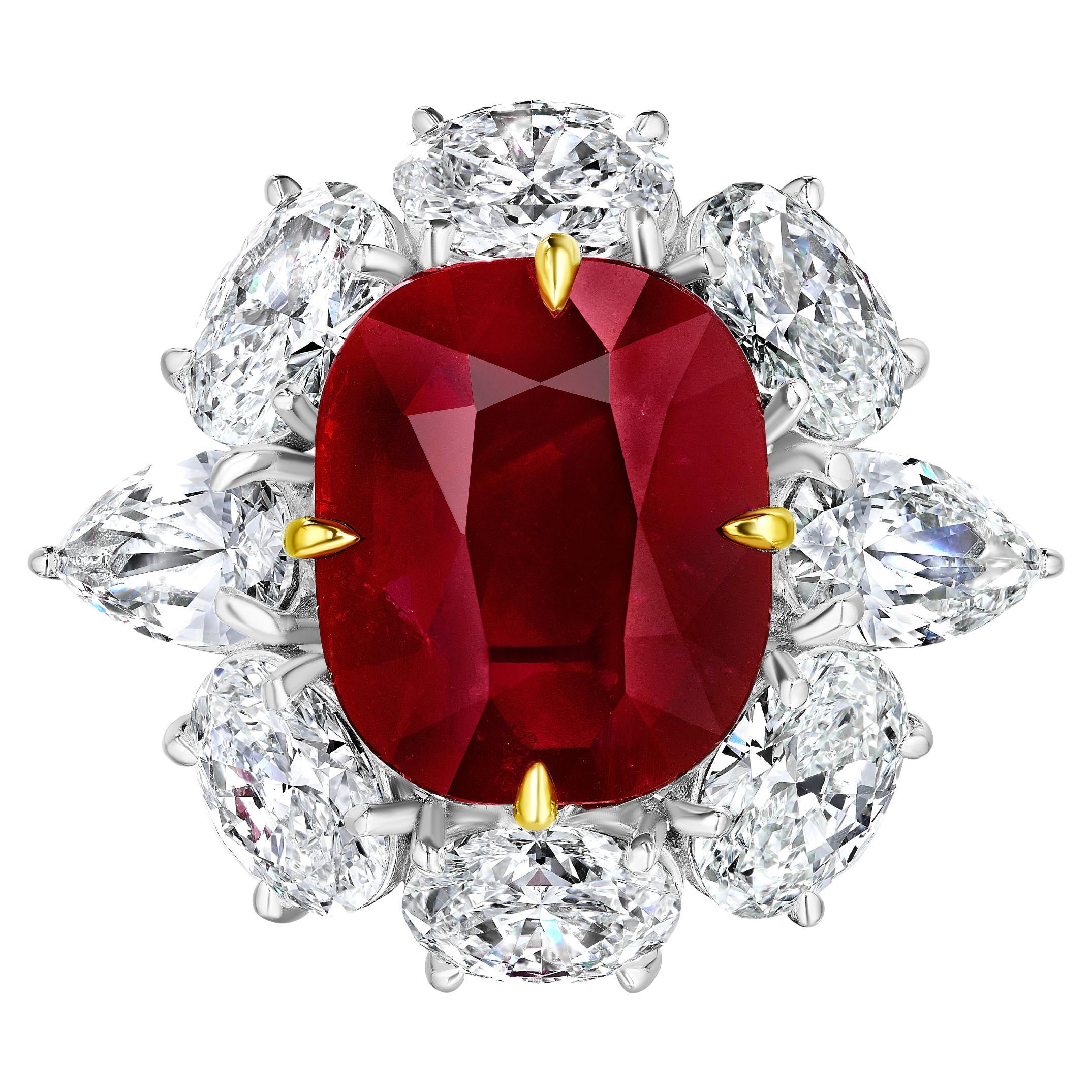 AGL Certified 6.55 Carat Unheated Burma Ruby and Diamond Ring For Sale