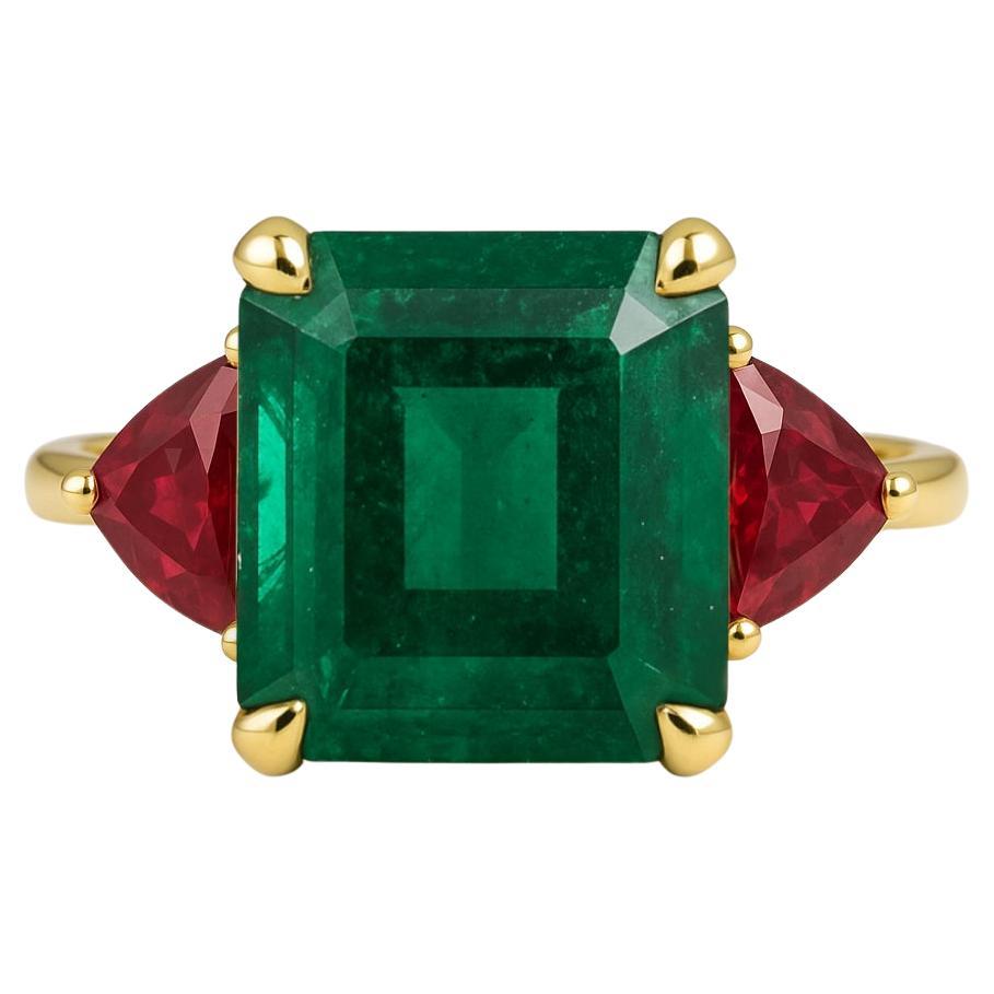 AGL Certified 6.62 Carat Minor Oil Natutal Green Emerald 18K Yellow Gold Ring