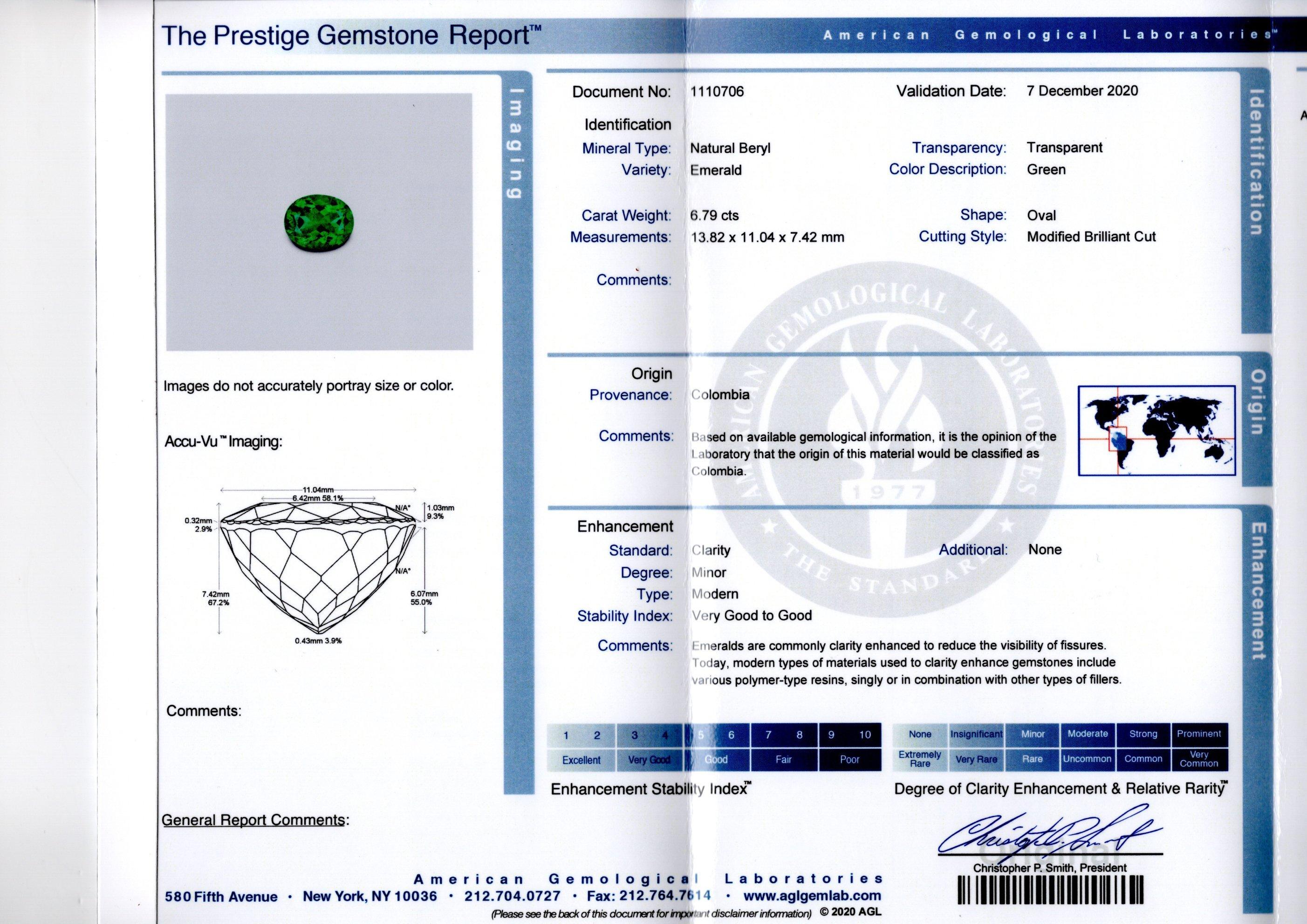 AGL-zertifiziert 6,79 Karat Oval Cut Minor Öl kolumbianischen Smaragd und Diamant Halo Cluster 18K Gold Ring. Der Smaragd zeichnet sich durch eine sehr reiche Farbsättigung mit hervorragender Brillanz und Transparenz aus. Die IDEA balanciert den
