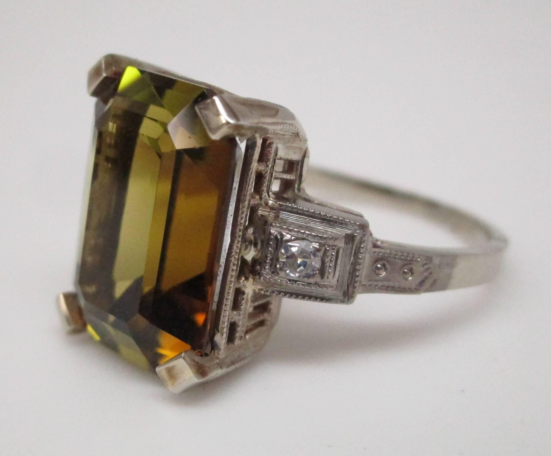 Emerald Cut AGL Certified 6.94 Carat Orange Tourmaline Art Deco White Gold Ring