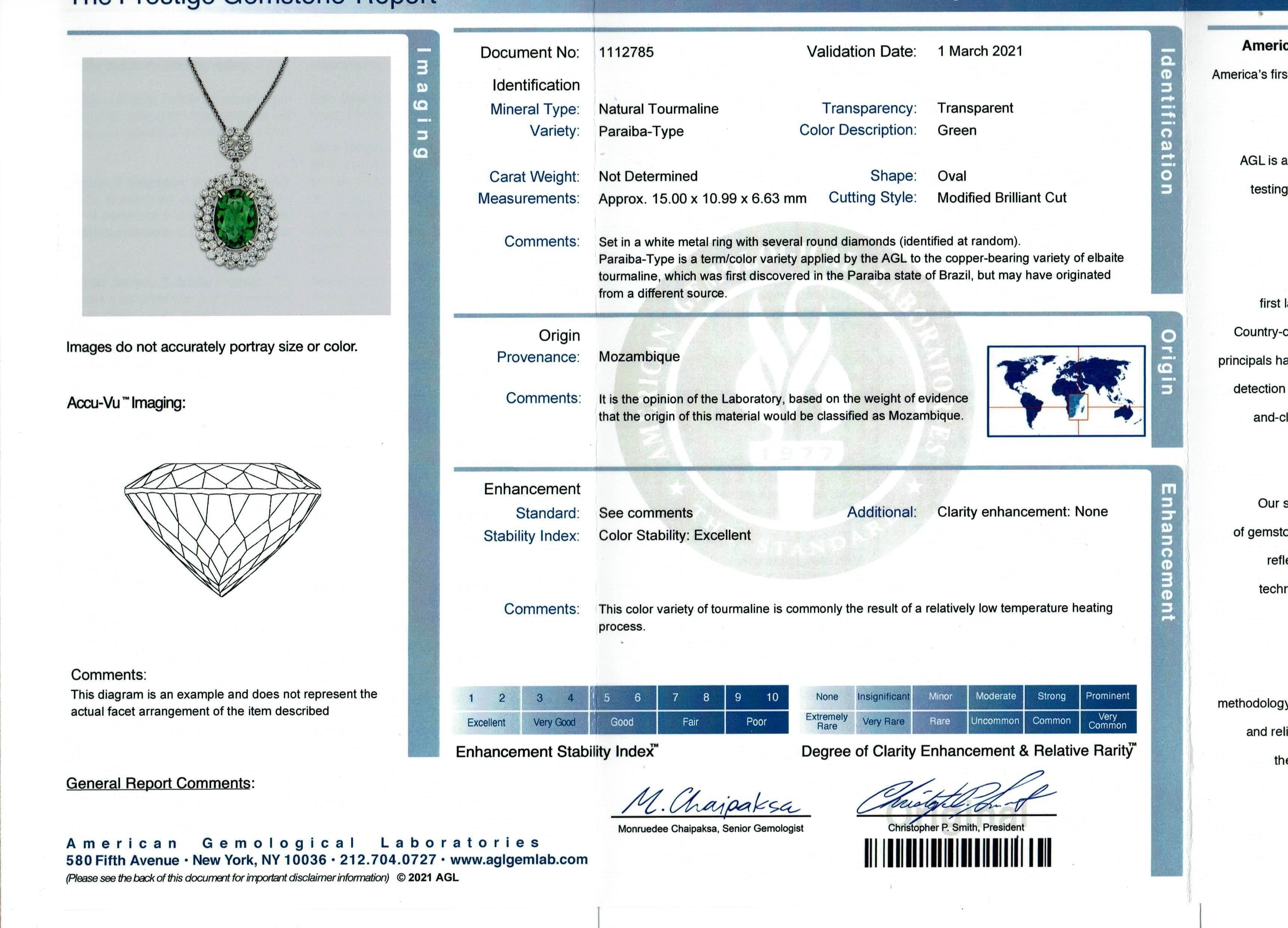 AGL Certified 7 Ct Pariba Tourmaline & 4.5 Ct Diamond Pendant Necklace 18 K Gold For Sale 5
