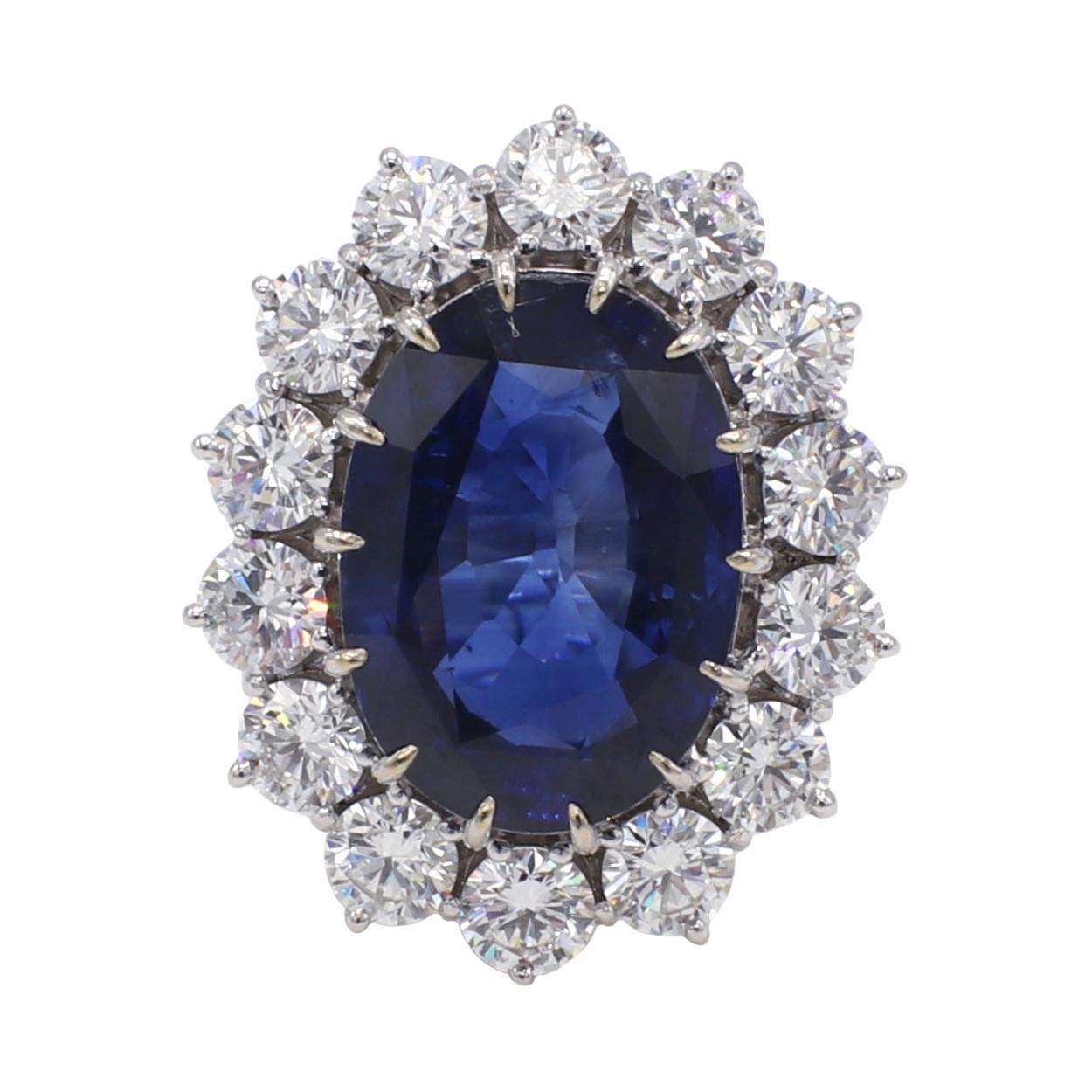 AGL Certified 7.09 Carat Blue Sapphire & Diamond Halo Cocktail Ring