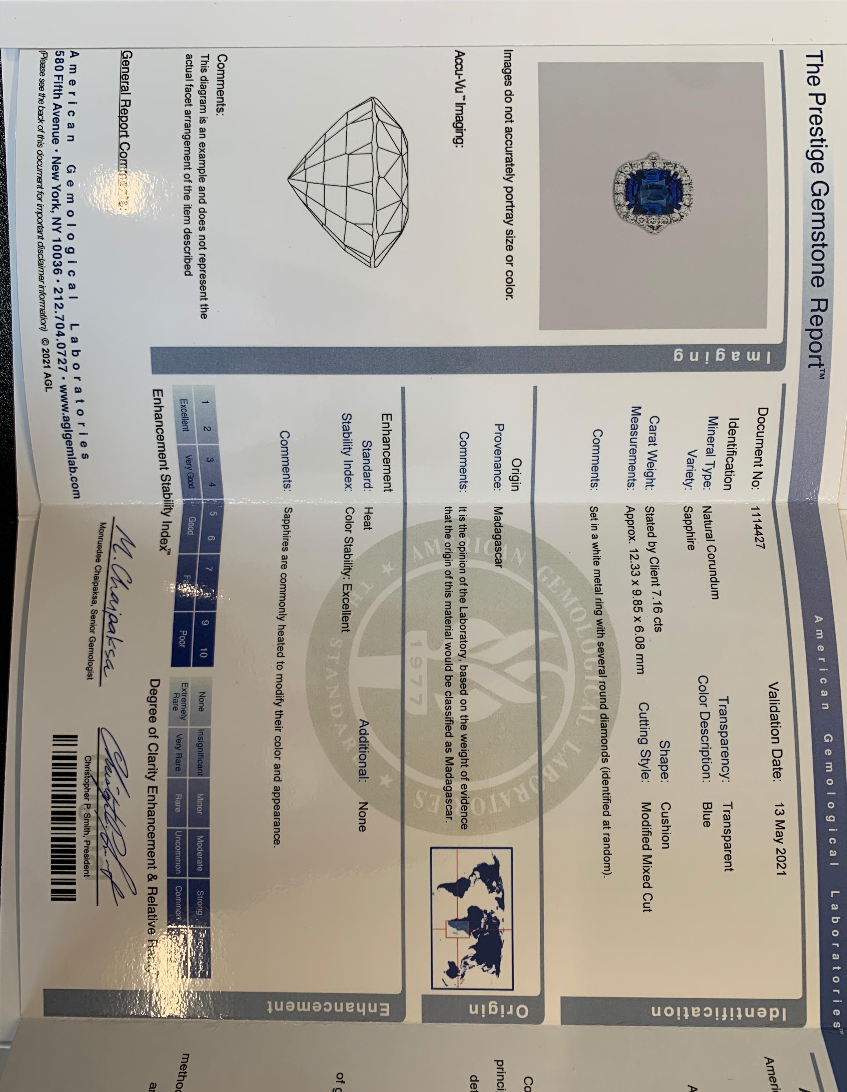 AGL Certified 7.16 Carat Cushion Cut Blue Sapphire & Diamond 18K Ring 3