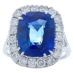 AGL Certified 7.16 Carat Cushion Cut Blue Sapphire 
Diamond 18K Ring