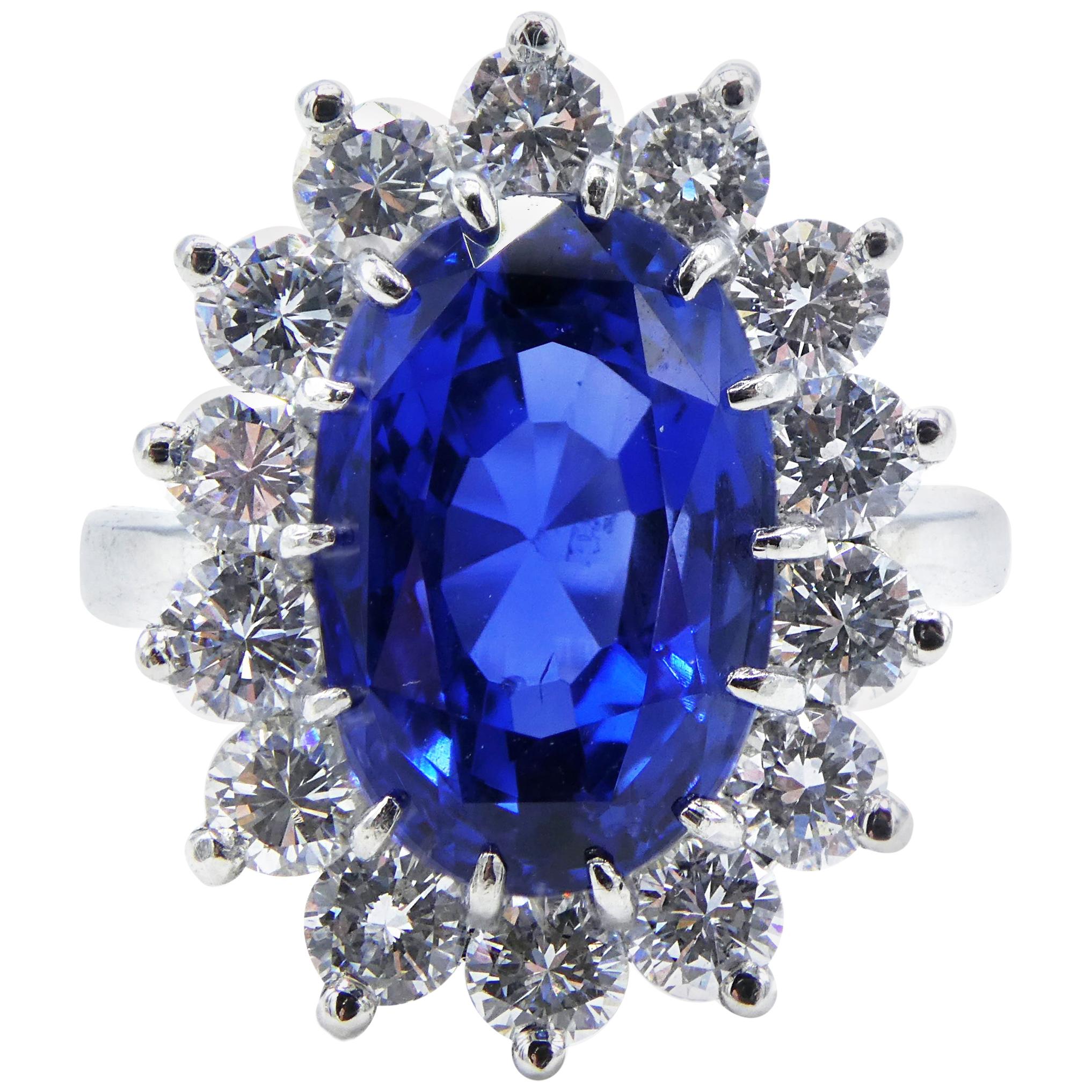 AGL Certified 7.31 Carat Ceylon Blue Oval Sapphire Platinum Diamond Ring