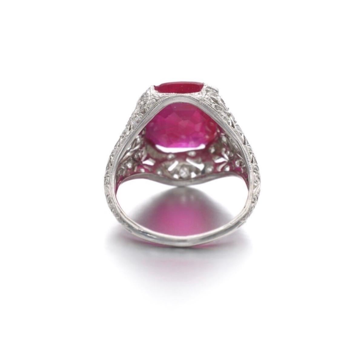 Cushion Cut AGL Certified 7.32 Carat Ruby Art Deco Ring For Sale