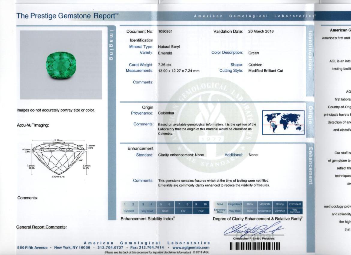 Kolumbianischer Smaragdring, AGL-zertifiziert 7,36 Karat, ohne Ölschliff, Kissenschliff im Angebot 1
