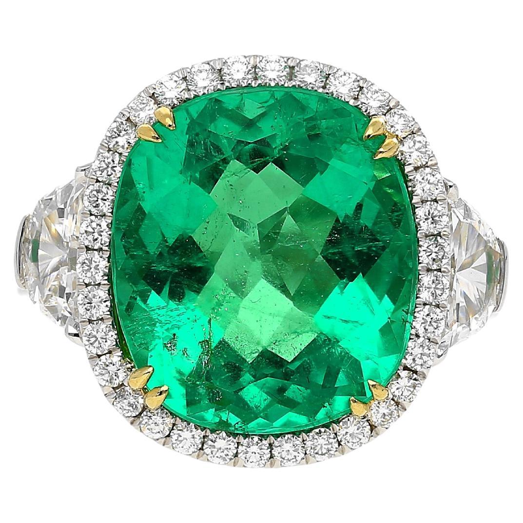 AGL Certified 7.36 Carat No Oil Cushion-Cut Colombian Emerald Ring