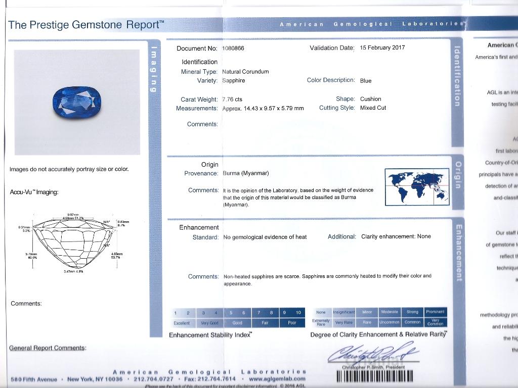 AGL-zertifizierter 7,76 Karat ovaler unbehandelter burmesischer blauer Saphirring aus Platin im Angebot 6