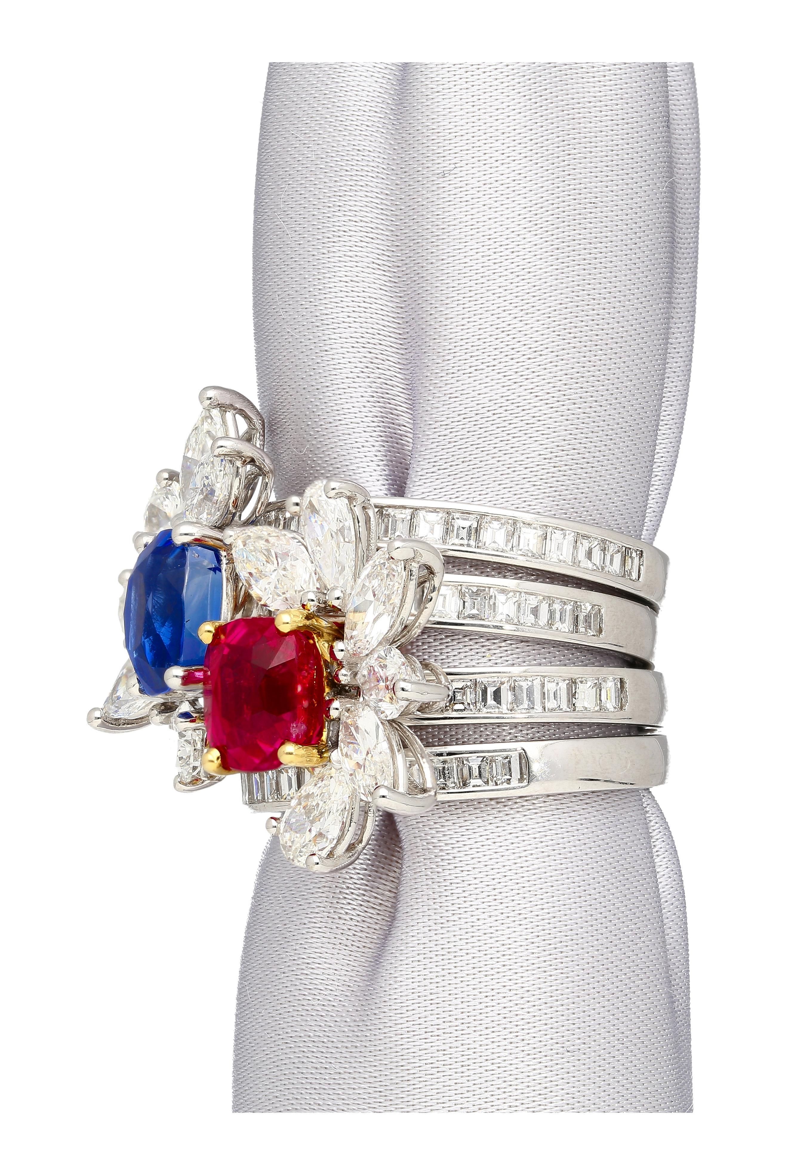 AGL Certified 8 Carat No Heat Kashmir Sapphire, Burma Ruby, & Diamond Stack Ring For Sale 4