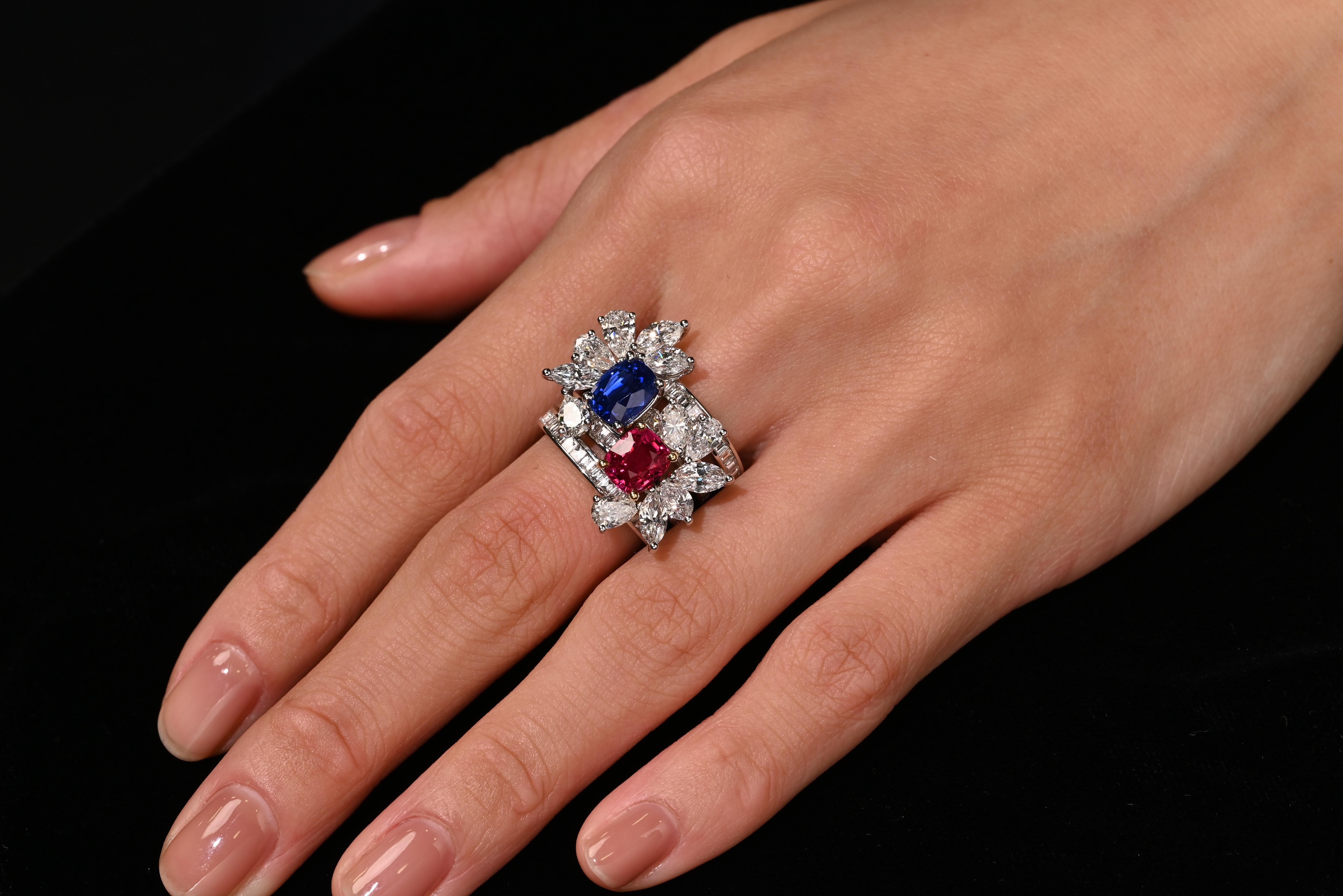 Stapelring, AGL-zertifizierter 8 Karat unbehandelter Kaschmir-Saphir, Burma-Rubin und Diamant im Angebot 9