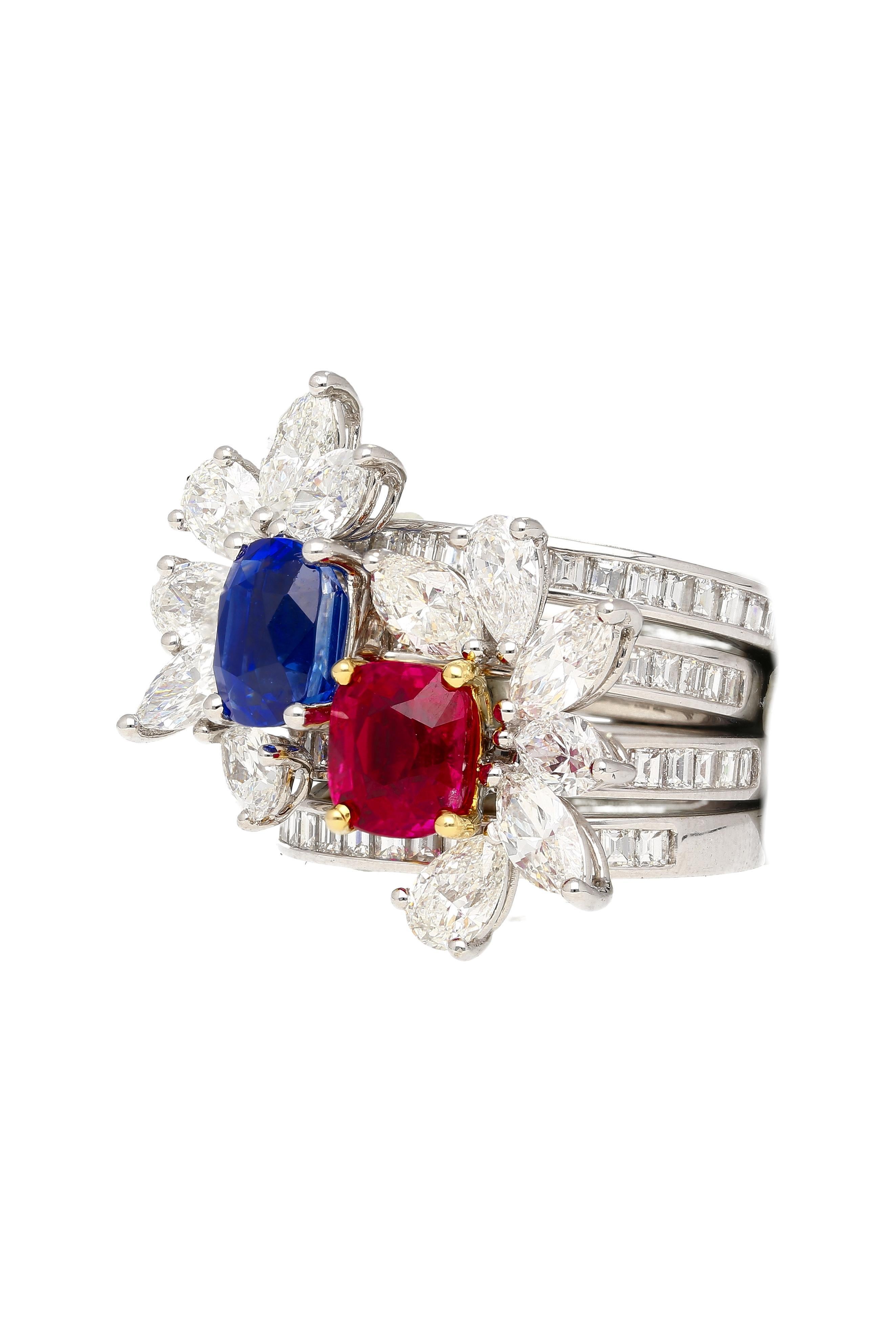 A ring that comes around once in a lifetime. Set with the some of finest gemstones in the world with legendary origins. The focus, an unheated Kashmir Sapphire and Burma Ruby. Both bearing superb color, clarity, transparency, and luster. Both of