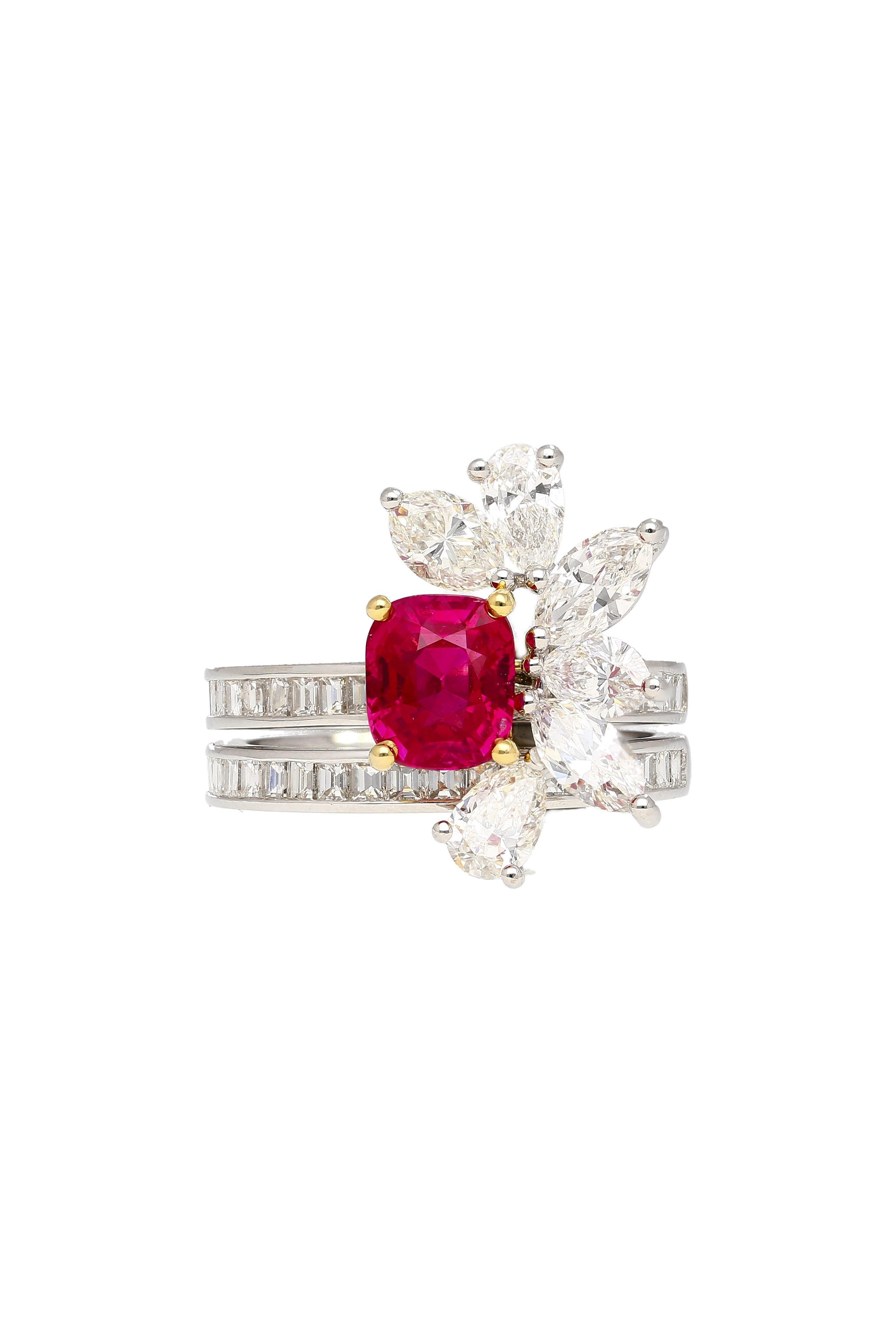 Art Nouveau AGL Certified 8 Carat No Heat Kashmir Sapphire, Burma Ruby, & Diamond Stack Ring For Sale