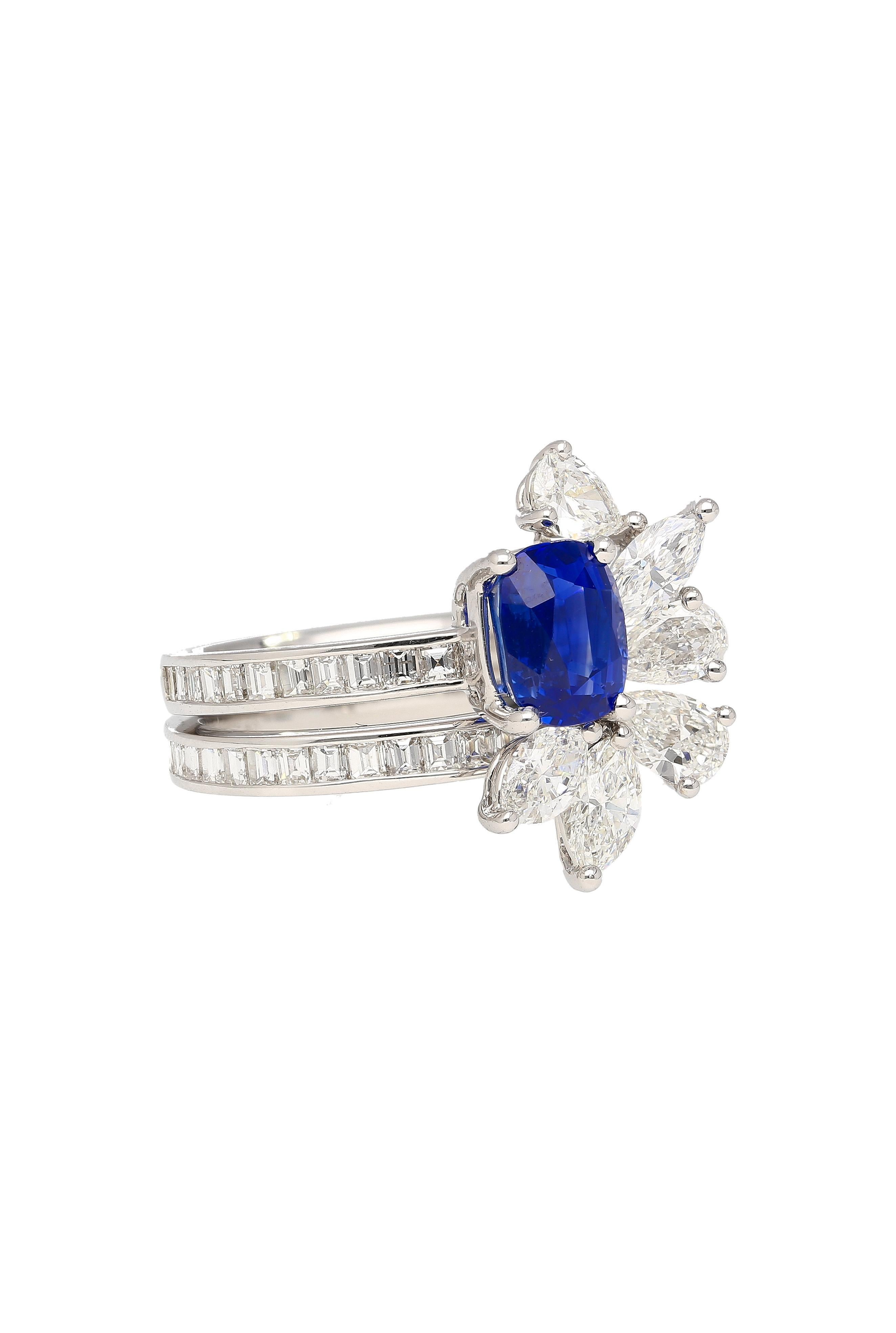 AGL Certified 8 Carat No Heat Kashmir Sapphire, Burma Ruby, & Diamond Stack Ring For Sale 2