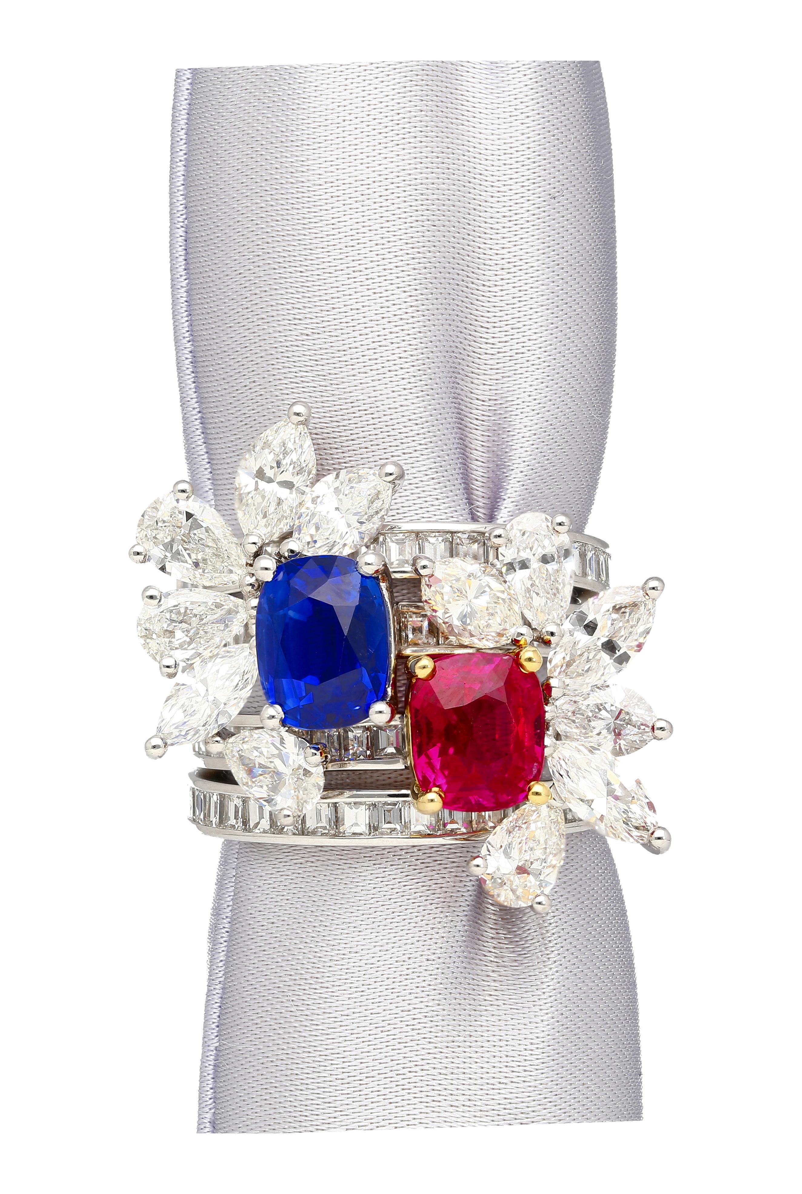 AGL Certified 8 Carat No Heat Kashmir Sapphire, Burma Ruby, & Diamond Stack Ring For Sale 3