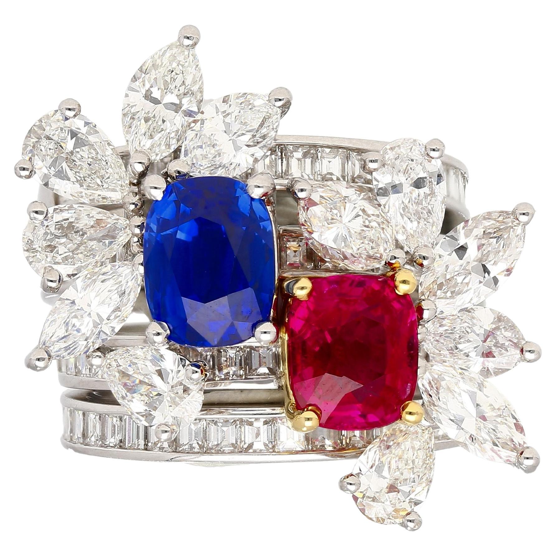 AGL Certified 8 Carat No Heat Kashmir Sapphire, Burma Ruby, & Diamond Stack Ring For Sale