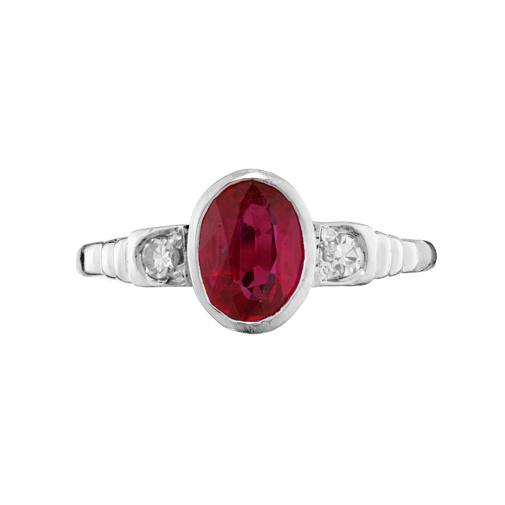 Oval Cut AGL Certified .80 Carat Oval Natural Ruby Diamond Platinum Engagement Ring For Sale