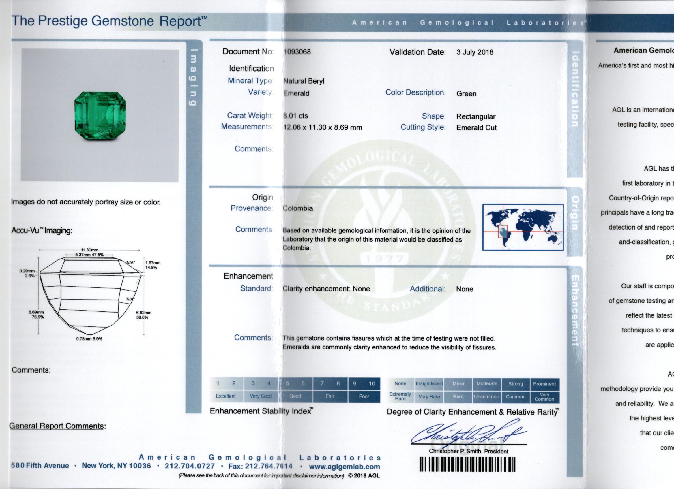 AGL zertifiziert 8,01 Karat kein Öl kolumbianischen Smaragd Vintage Platinum Ring im Angebot 3