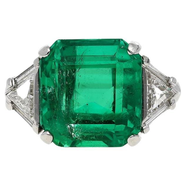 AGL Certified 8.01 Carat No Oil Colombian Emerald Vintage Platinum Ring For Sale