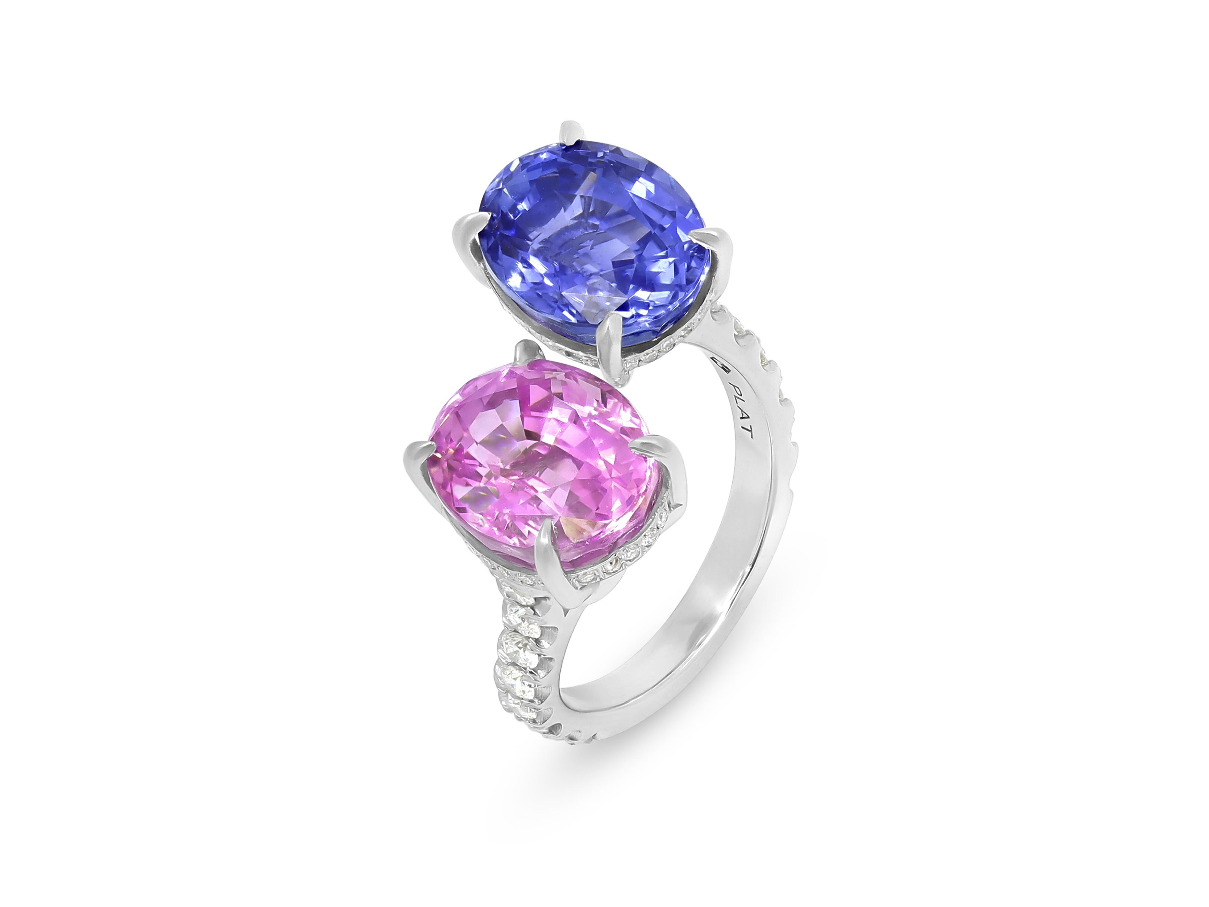 Bypass-Ring, AGL-zertifizierter 8,02 Karat rosa Saphir & 7,05 Karat blauer Saphir (Moderne)
