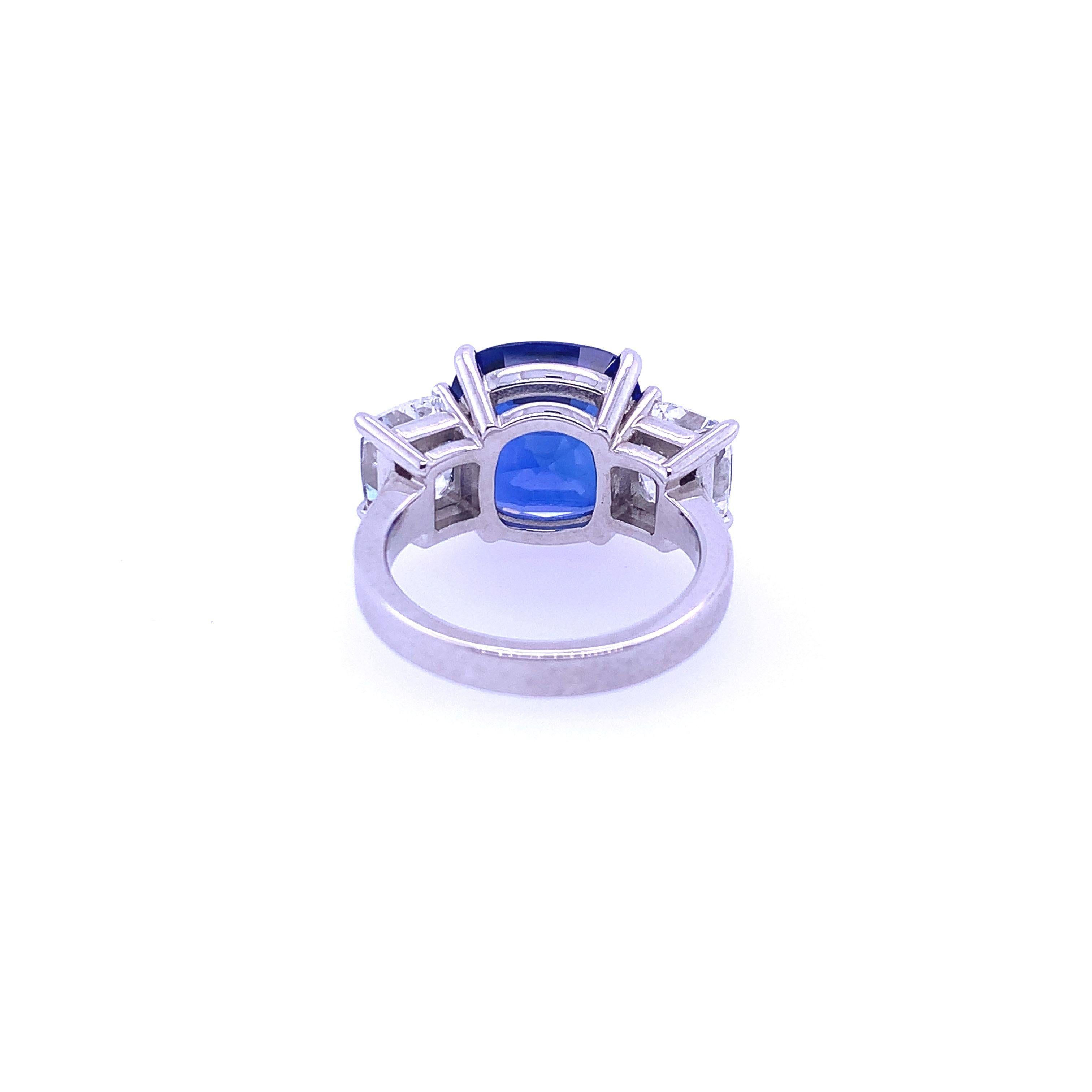 Cushion Cut AGL Certified 8.06 Carat Ceylon Blue Sapphire and Diamond Three Stone Ring For Sale