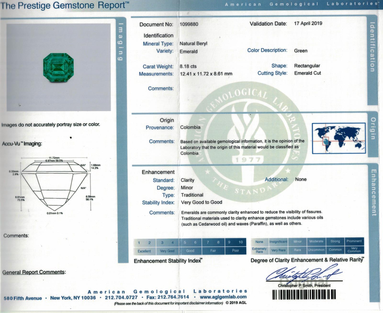 Anillo de esmeralda colombiana de 8,18 quilates con certificación AGL Contemporáneo en venta