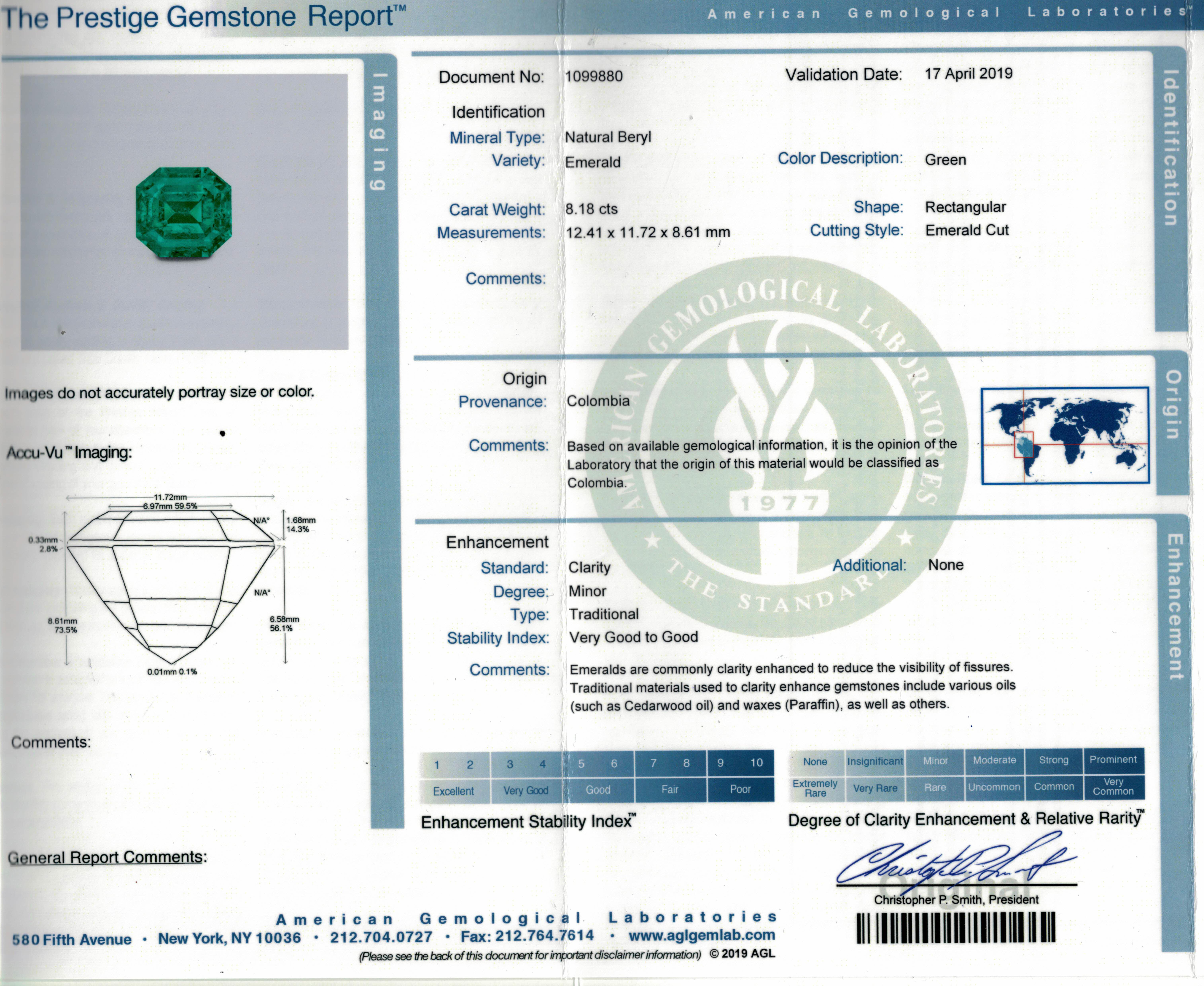 A SUPERB COLOMBIAN EMERALD AND DIAMOND RING, BY Cecile Blake of 8.18 carats with two trapezoid cut diamonds that sum 1 carats set in solid platinum
f color vvs1 clarity diamonds

agl report Colombia minor oil