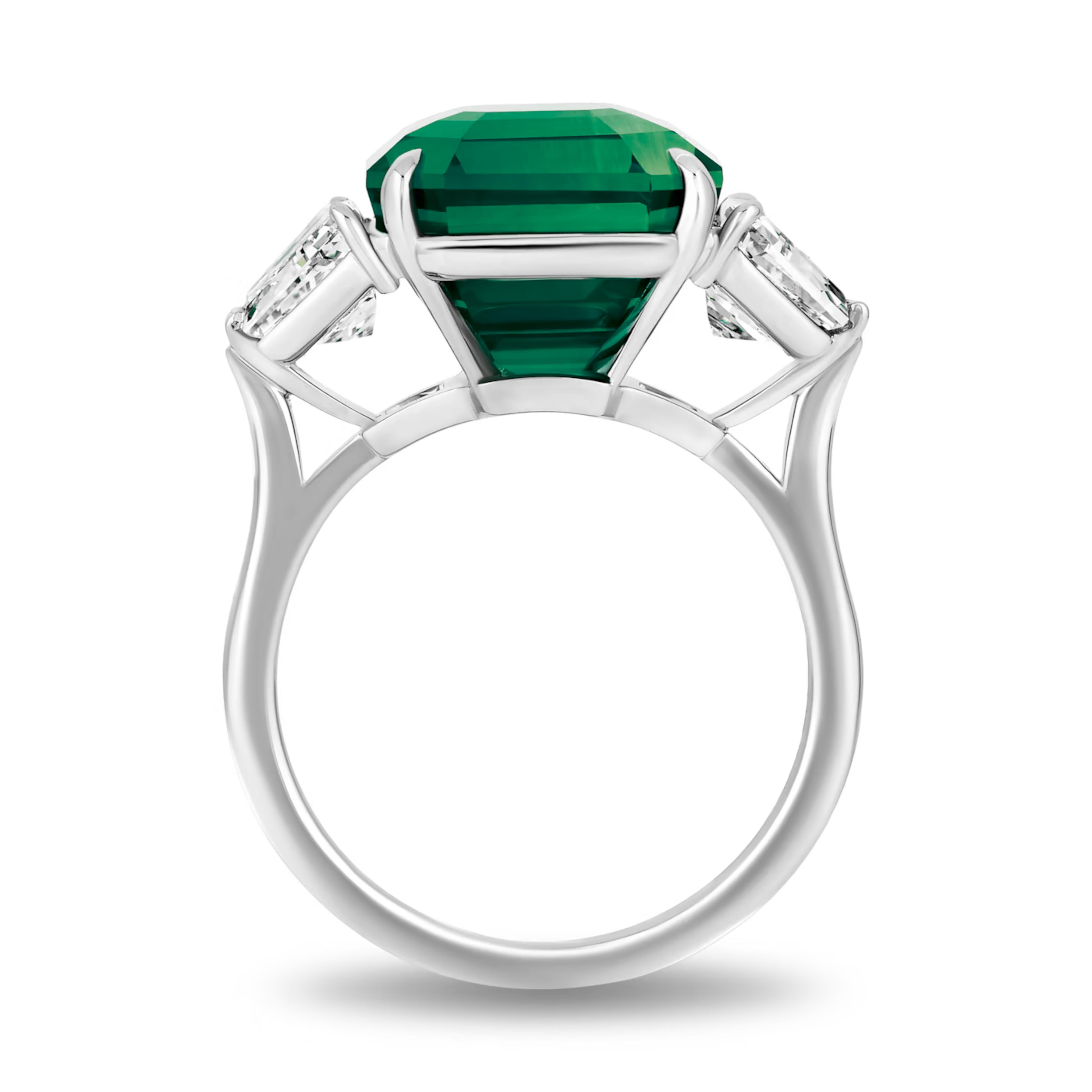 Emerald Cut AGL Certified 8.18 Carat COLOMBIAN Minor Oil Emerald Diamond Platinum Ring For Sale