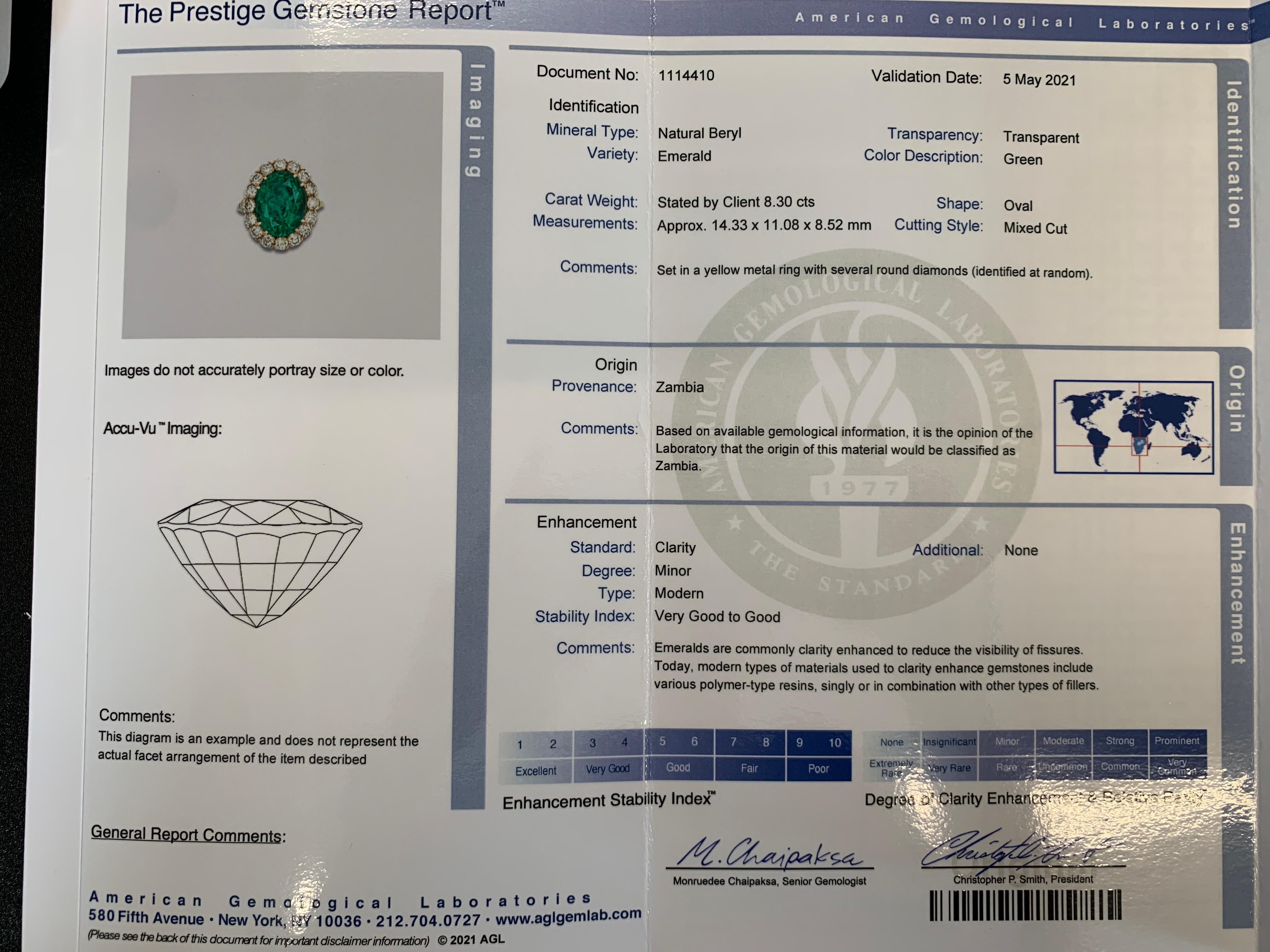 Oval Cut AGL Certified 8.30 Carat Oval Emerald & Diamond Ring in 18K Yellow Gold